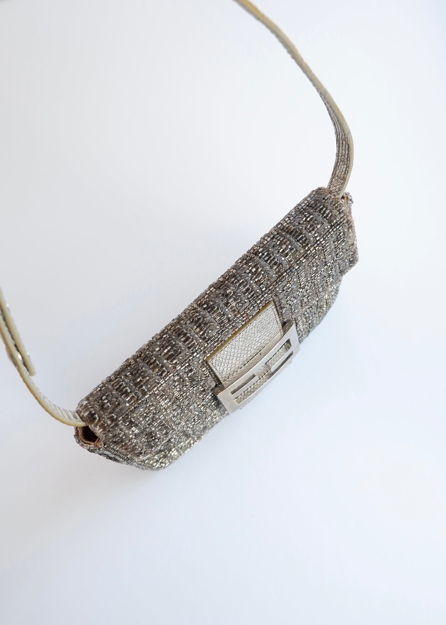 Authentic Preowned Vintage Fendi Silver FF Zucchino Beaded Small Baguette Shoulder Bag