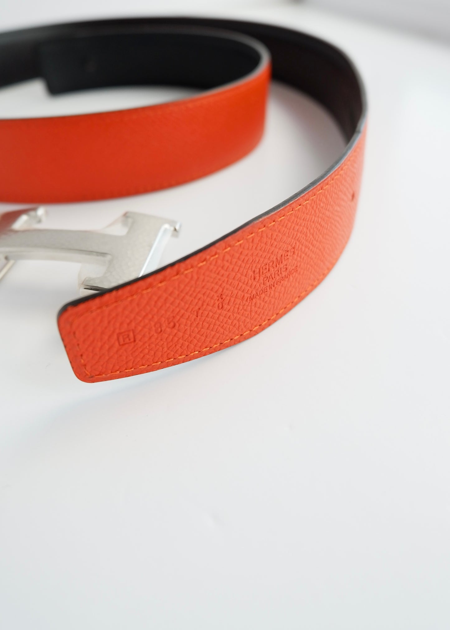 Authentic Preowned Hermes Black/ Orange Leather Martelee H Belt - 85
