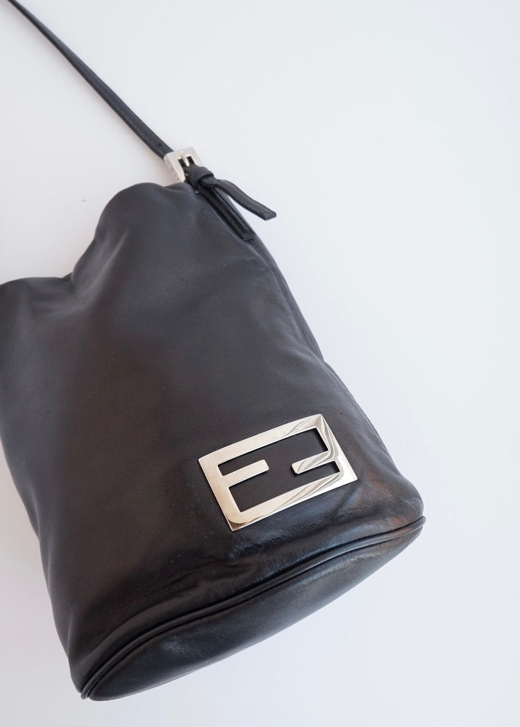 Authentic Preowned Fendi Black Leather FF Logo Bucket Shoulder Bag