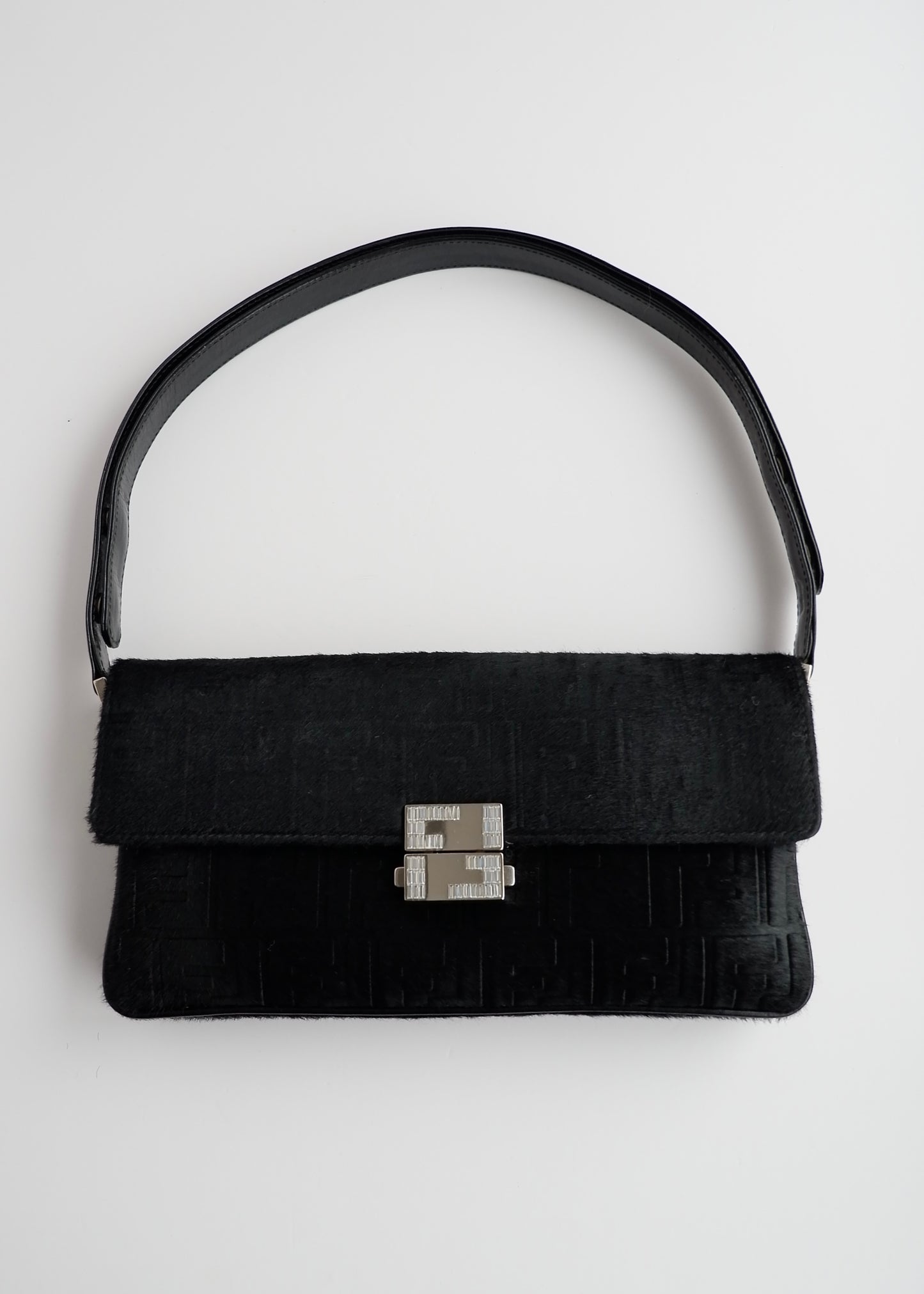 Authentic Preowned Rare Vintage Fendi Black Zucca Pony Hair/ Crystal Logo Shoulder Bag