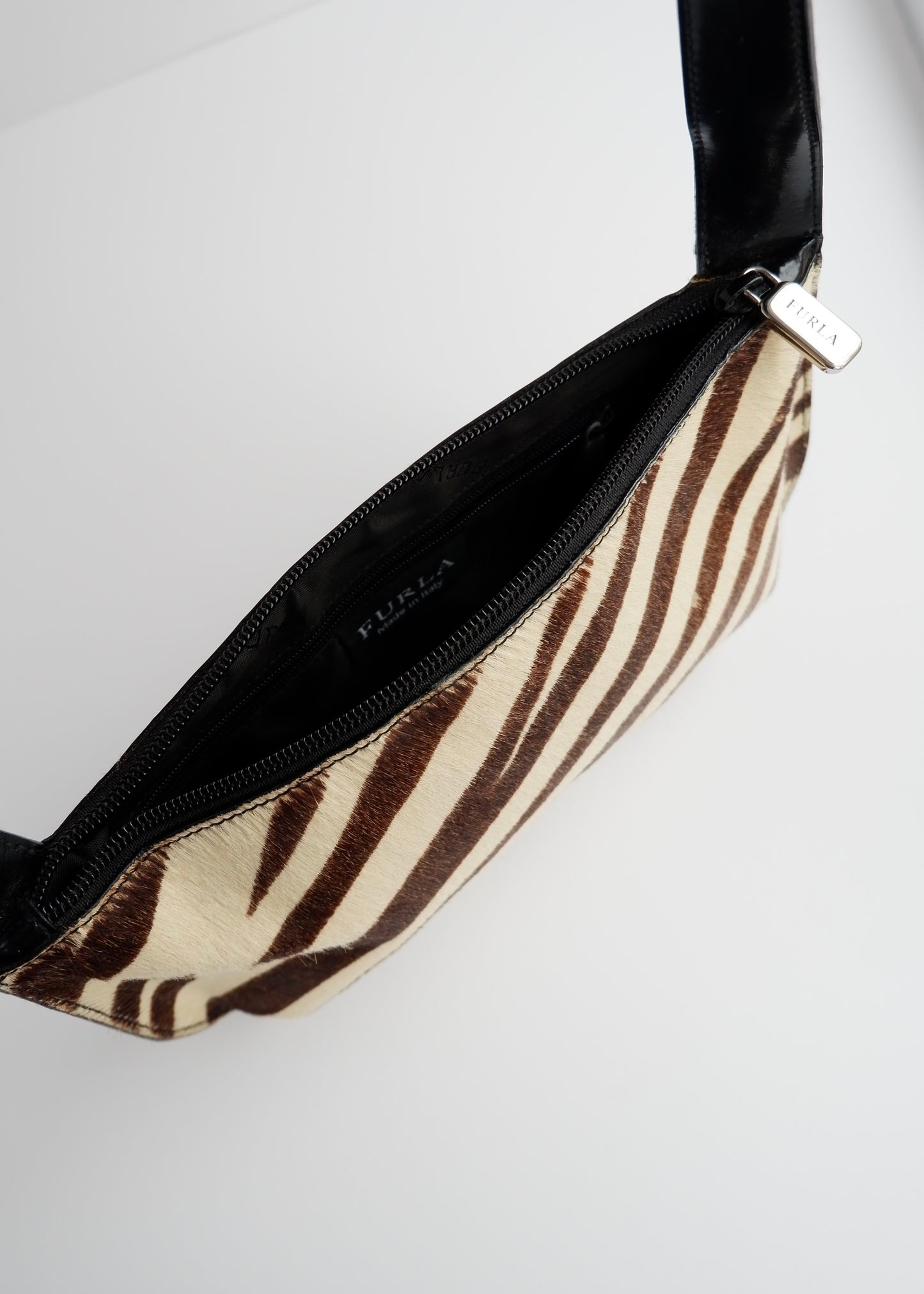 Authentic Preowned Furla Black/Brown/Cream Zebra Print Leather/Pony Hair Bag