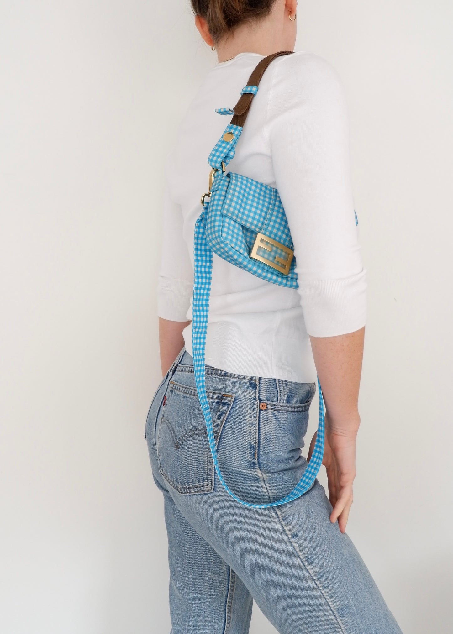 Authentic Preowned Fendi Blue Gingham Nylon Two Way Bag