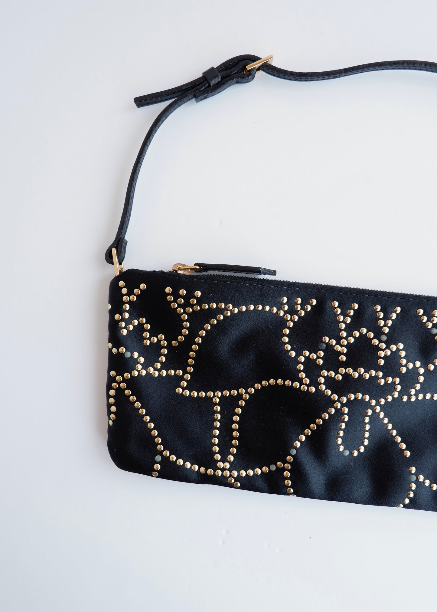 Authentic Preowned Valentino Black Satin Gold Studded Shoulder Bag