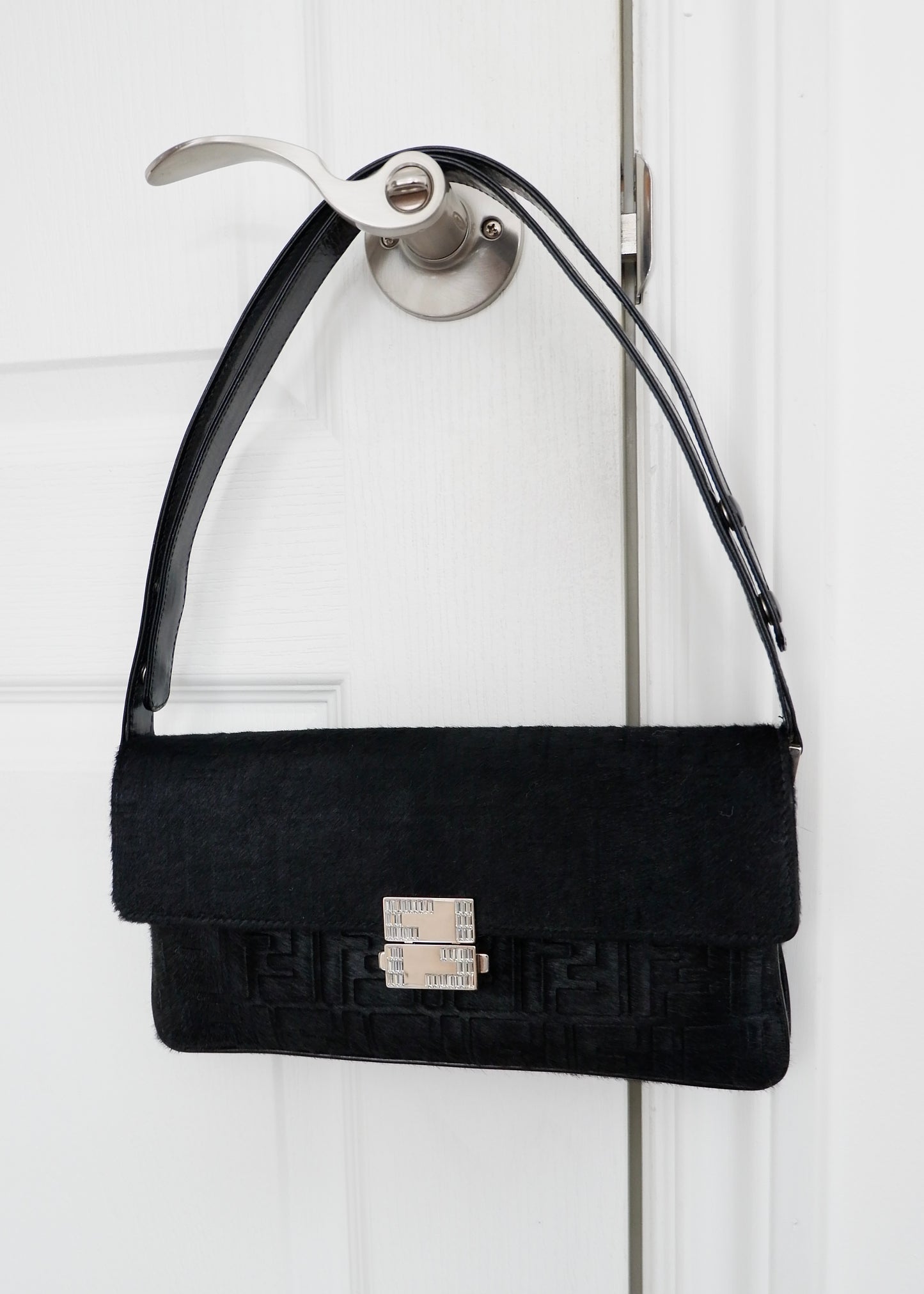 Authentic Preowned Rare Vintage Fendi Black Zucca Pony Hair/ Crystal Logo Shoulder Bag