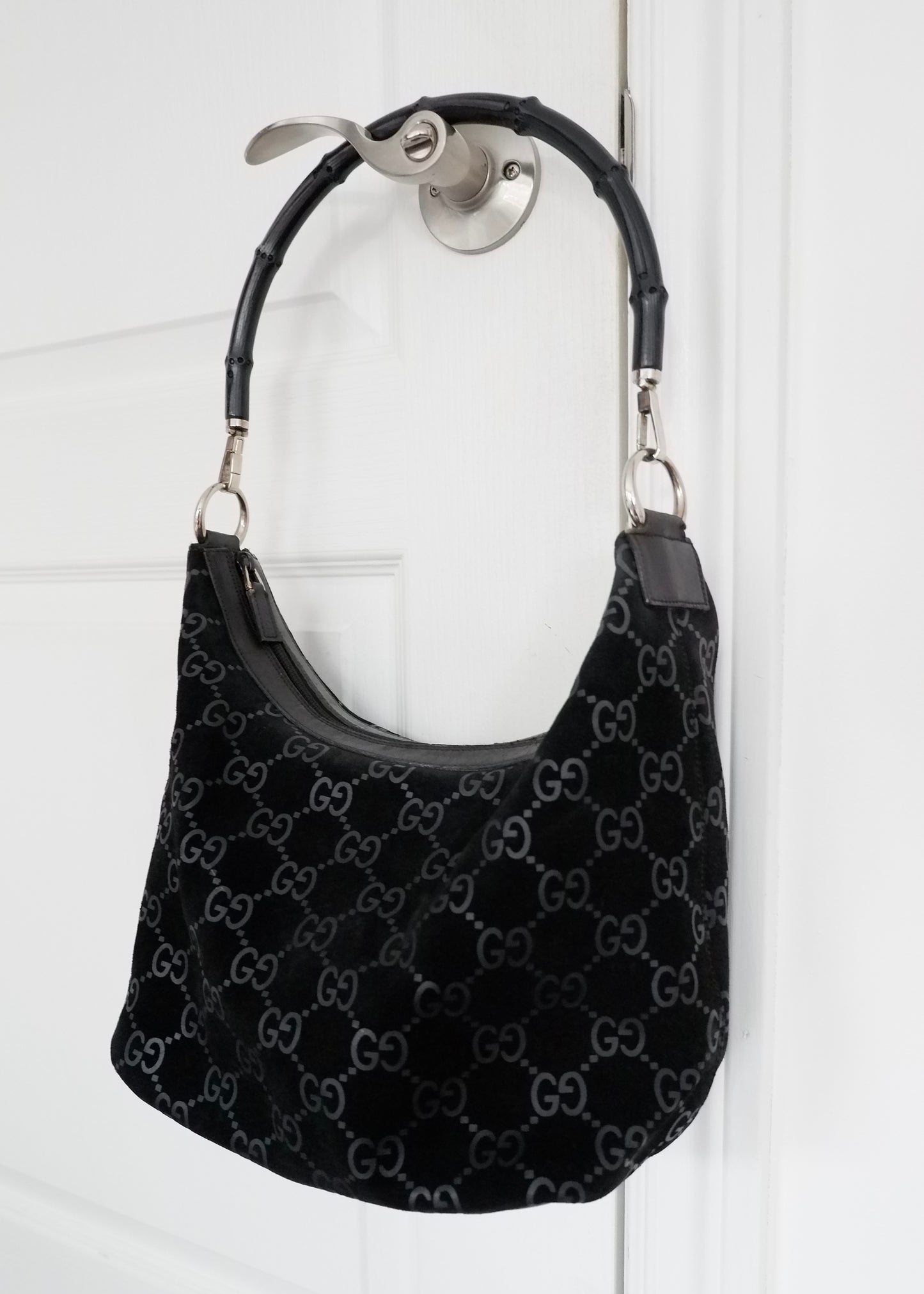 Authentic Preowned Gucci Black Suede Bamboo Handle Shoulder Bag