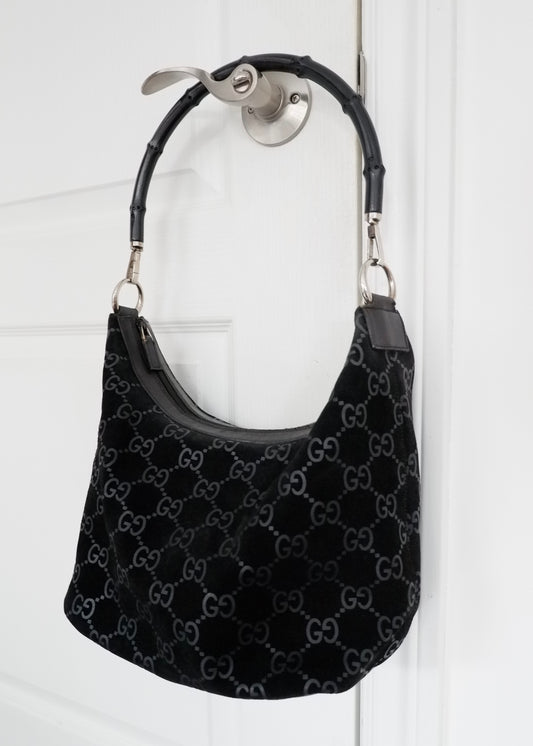 Authentic Preowned Gucci Black Suede Bamboo Handle Shoulder Bag