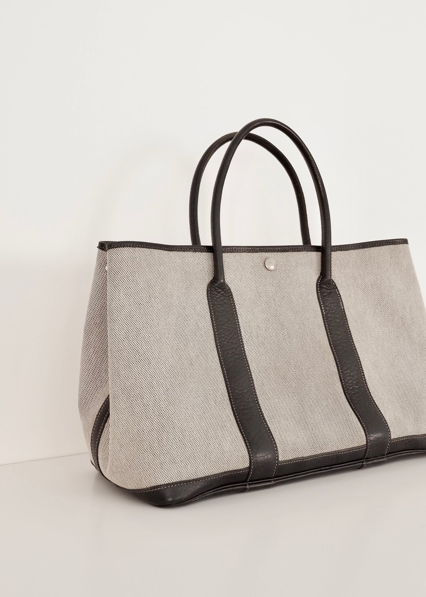 Authentic Preowned Hermes Black/Gray Leather/Canvas Garden Party Tote