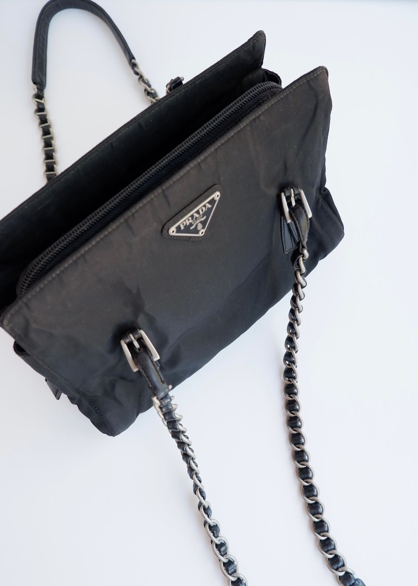 Authentic Preowned Prada Black Nylon/ Leather Metal Chain Shoulder Bag