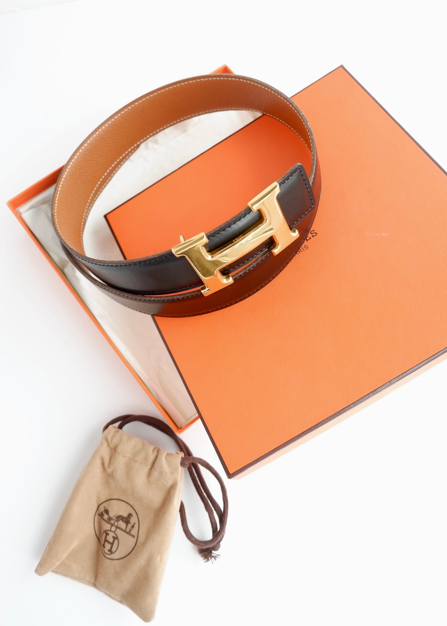 Authentic Preowned Hermes Black/ Brown H Belt GHW - 65