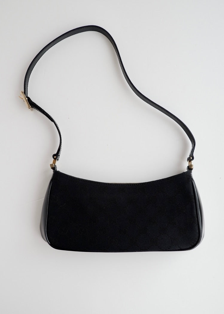 Authentic Preowned Gucci Black GG Canvas Patent Leather Shoulder Bag