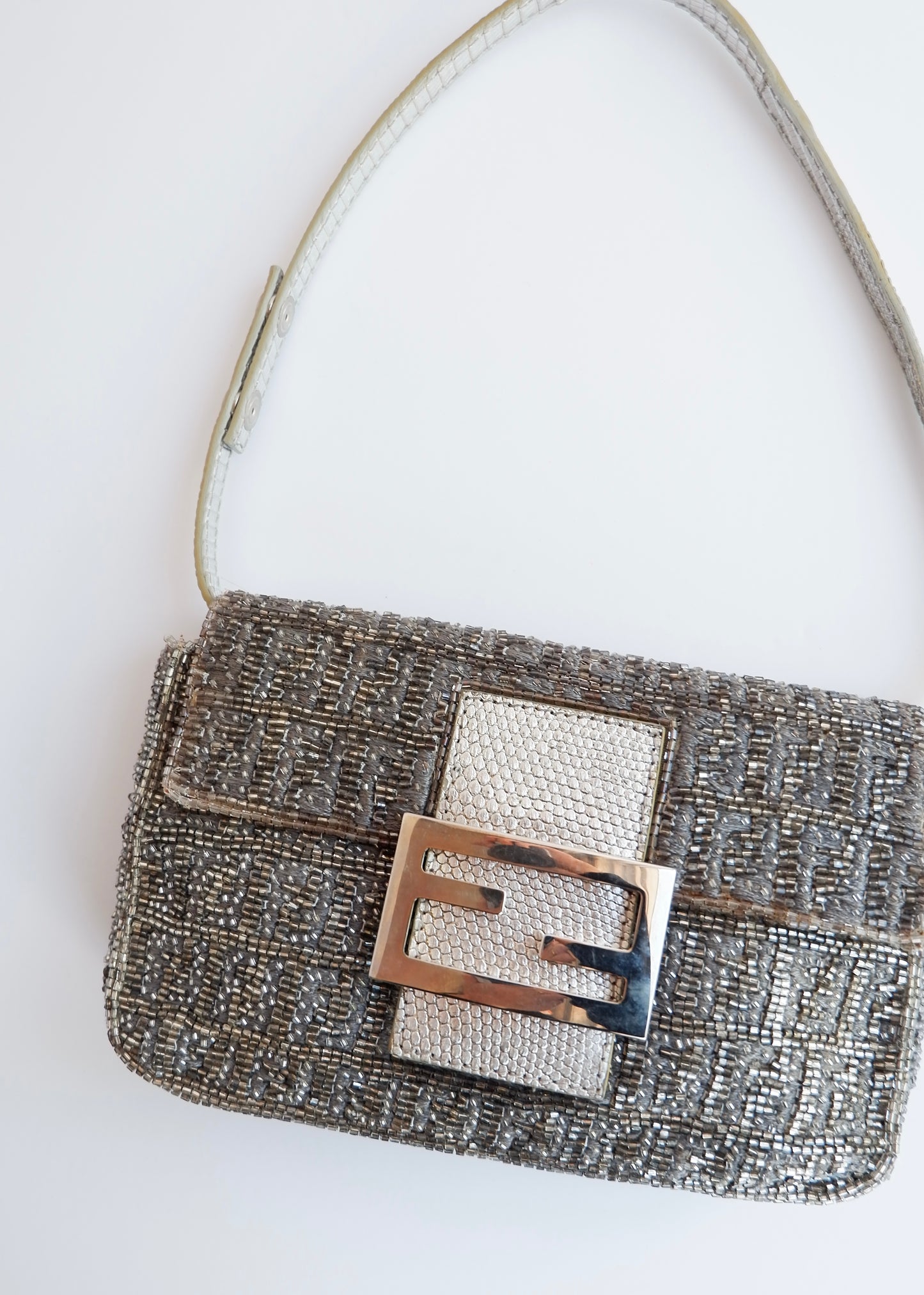 Authentic Preowned Vintage Fendi Silver FF Zucchino Beaded Small Baguette Shoulder Bag