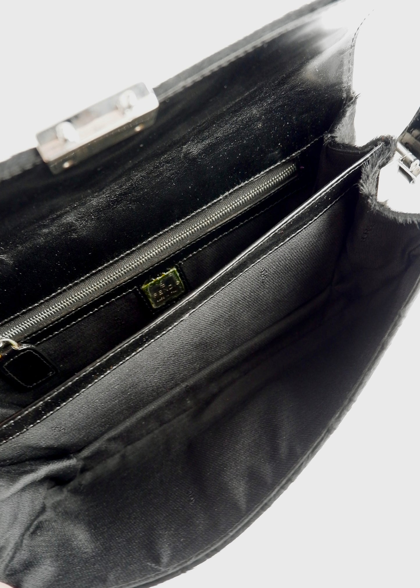 Authentic Preowned Rare Vintage Fendi Black Zucca Pony Hair/ Crystal Logo Shoulder Bag