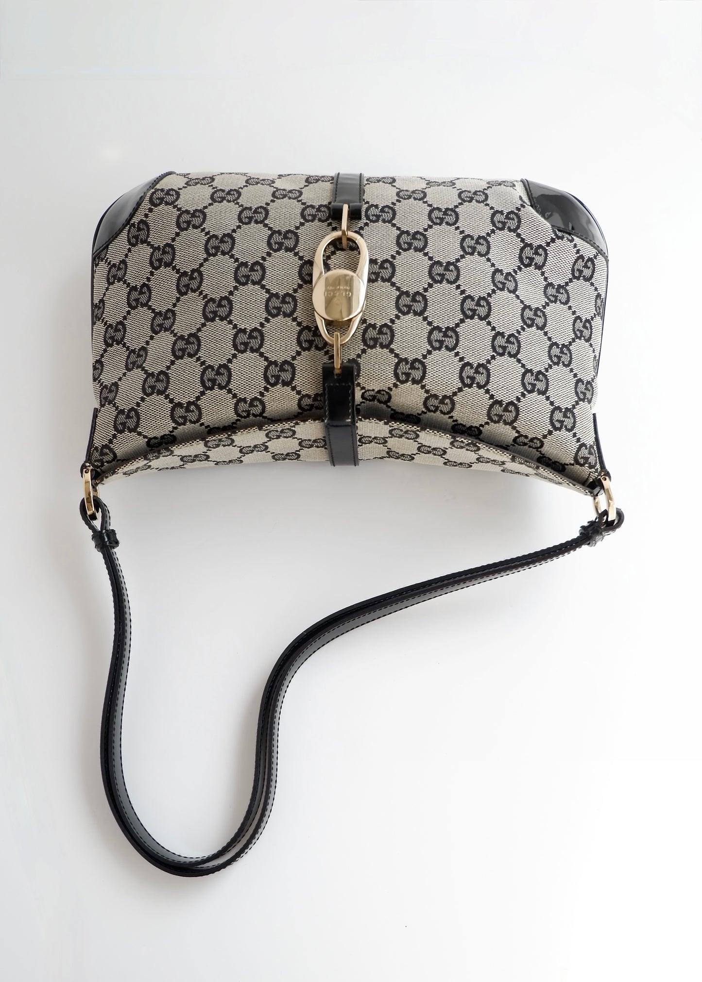 Authentic Preowned Gucci Black GG Canvas/ Patent Leather Shoulder Bag