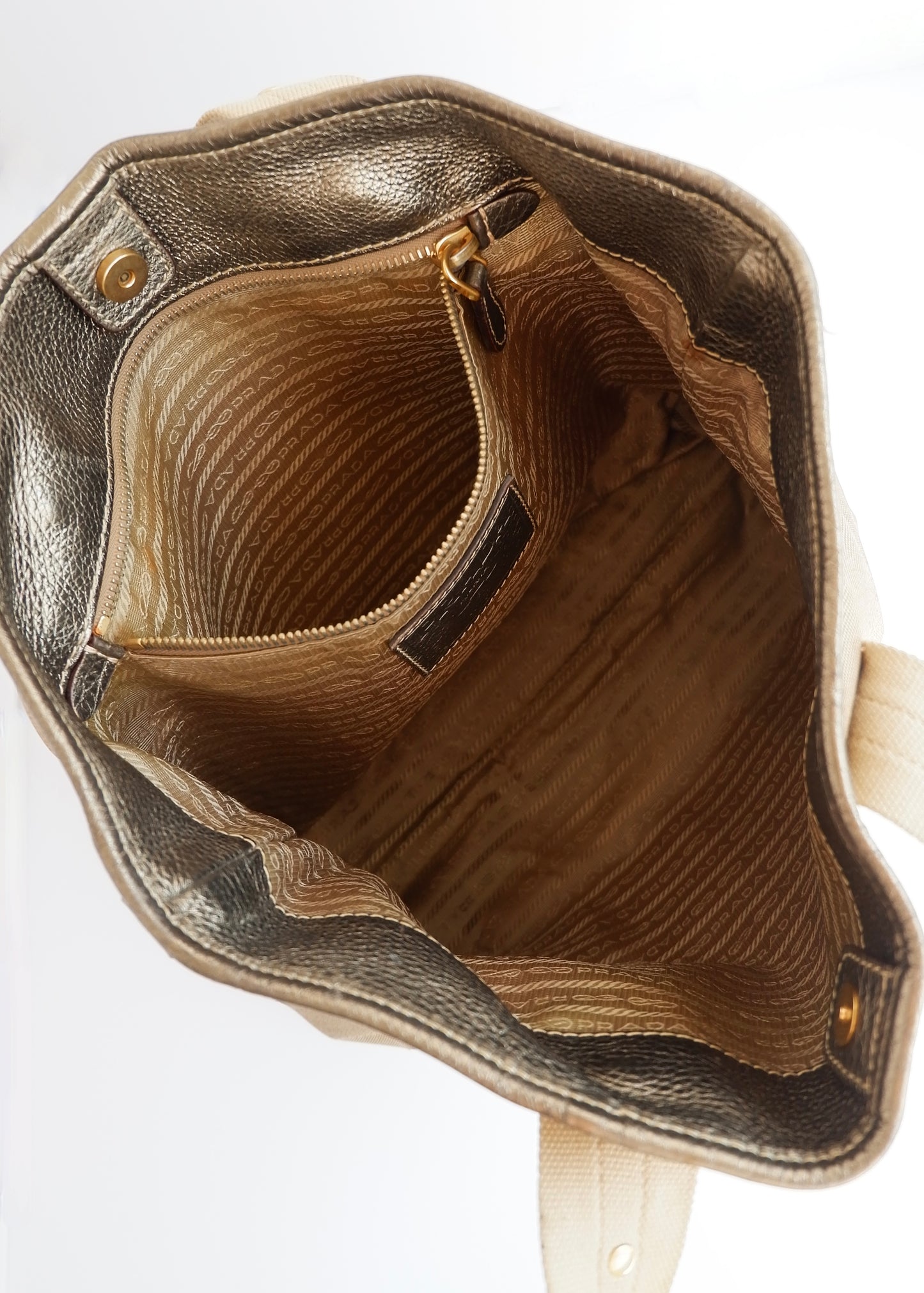 Authentic Preowned Prada Beige/Gold Canvas and Leather Two Way Bag