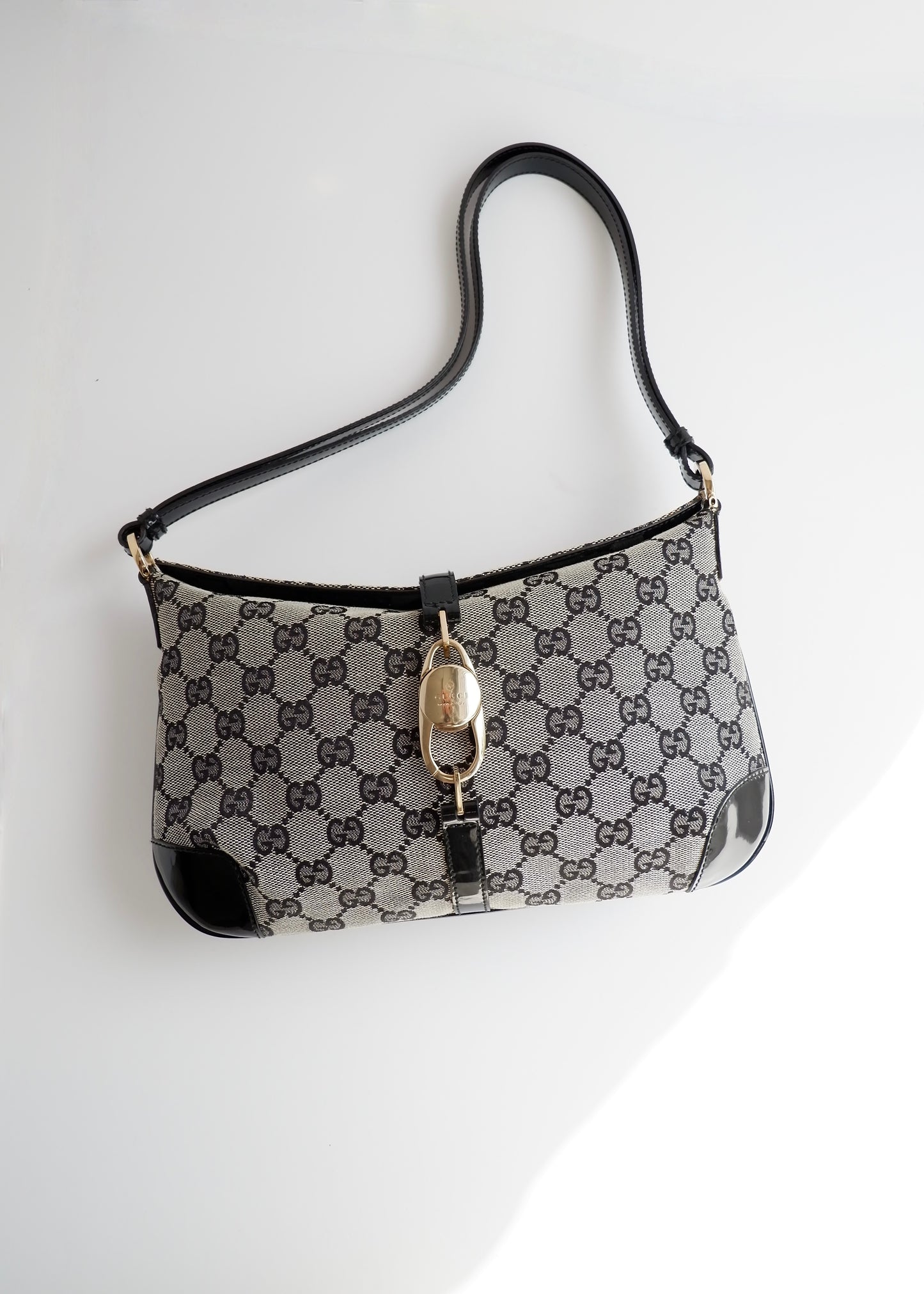 Authentic Preowned Gucci Black GG Canvas/ Patent Leather Shoulder Bag