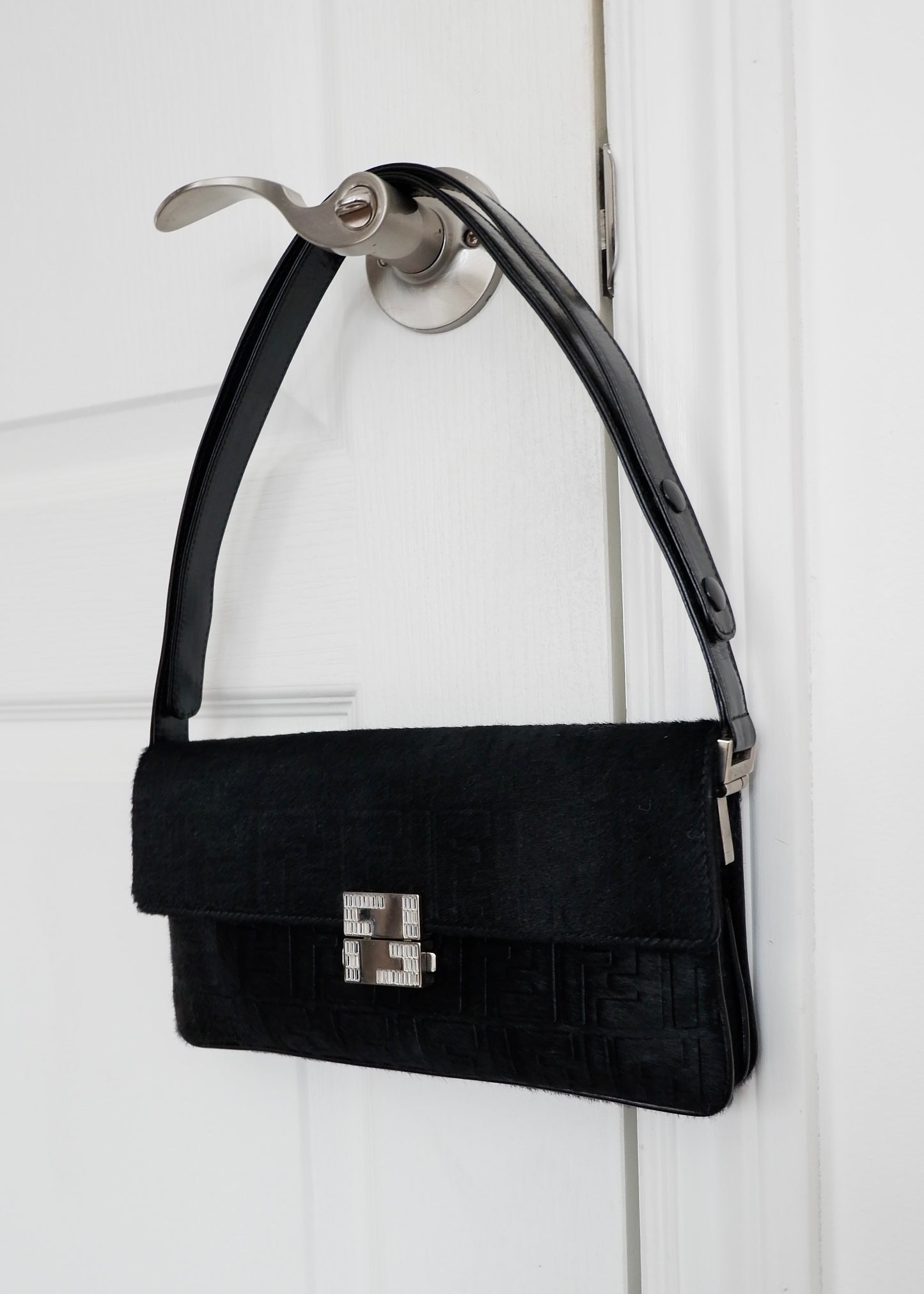 Authentic Preowned Rare Vintage Fendi Black Zucca Pony Hair/ Crystal Logo Shoulder Bag