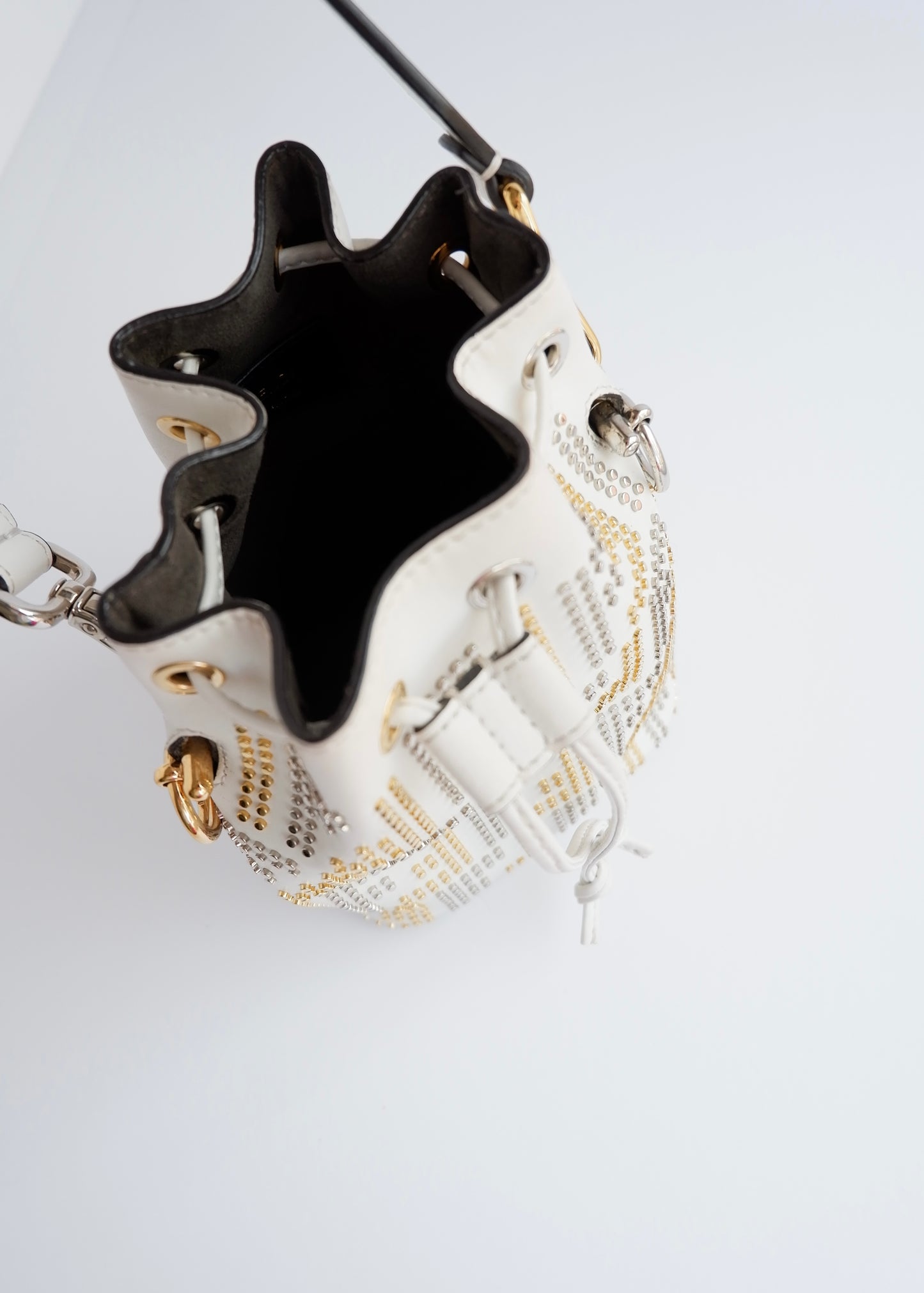 Authentic Preowned Fendi White Leather Zucca Studded Drawstring Bucket Bag