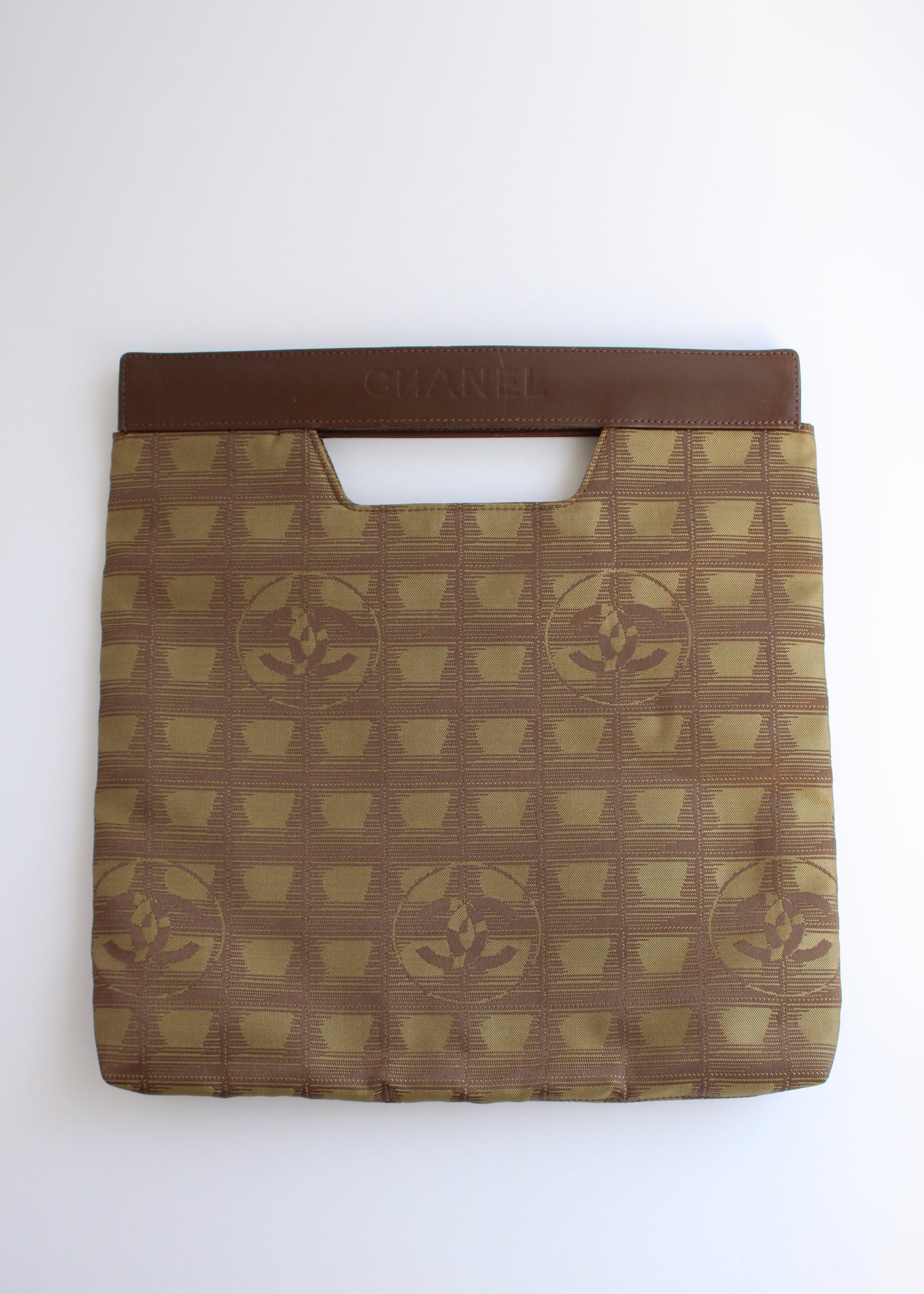 Authentic Preowned Vintage Chanel Khaki Canvas/ Leather Travel Line Clutch