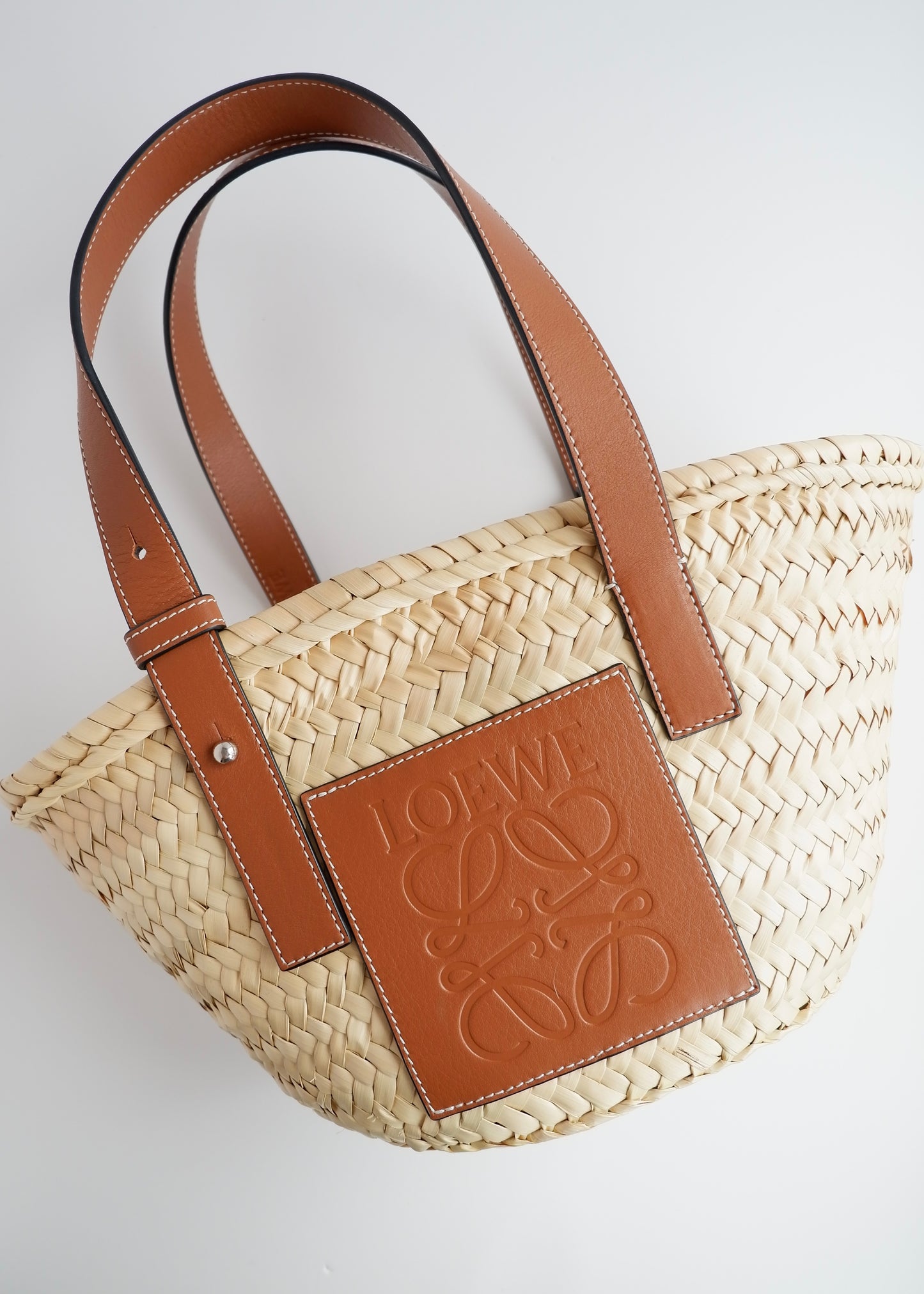 Authentic Preowned Loewe Brown Small Basket Bag In Palm Leaf and Calfskin