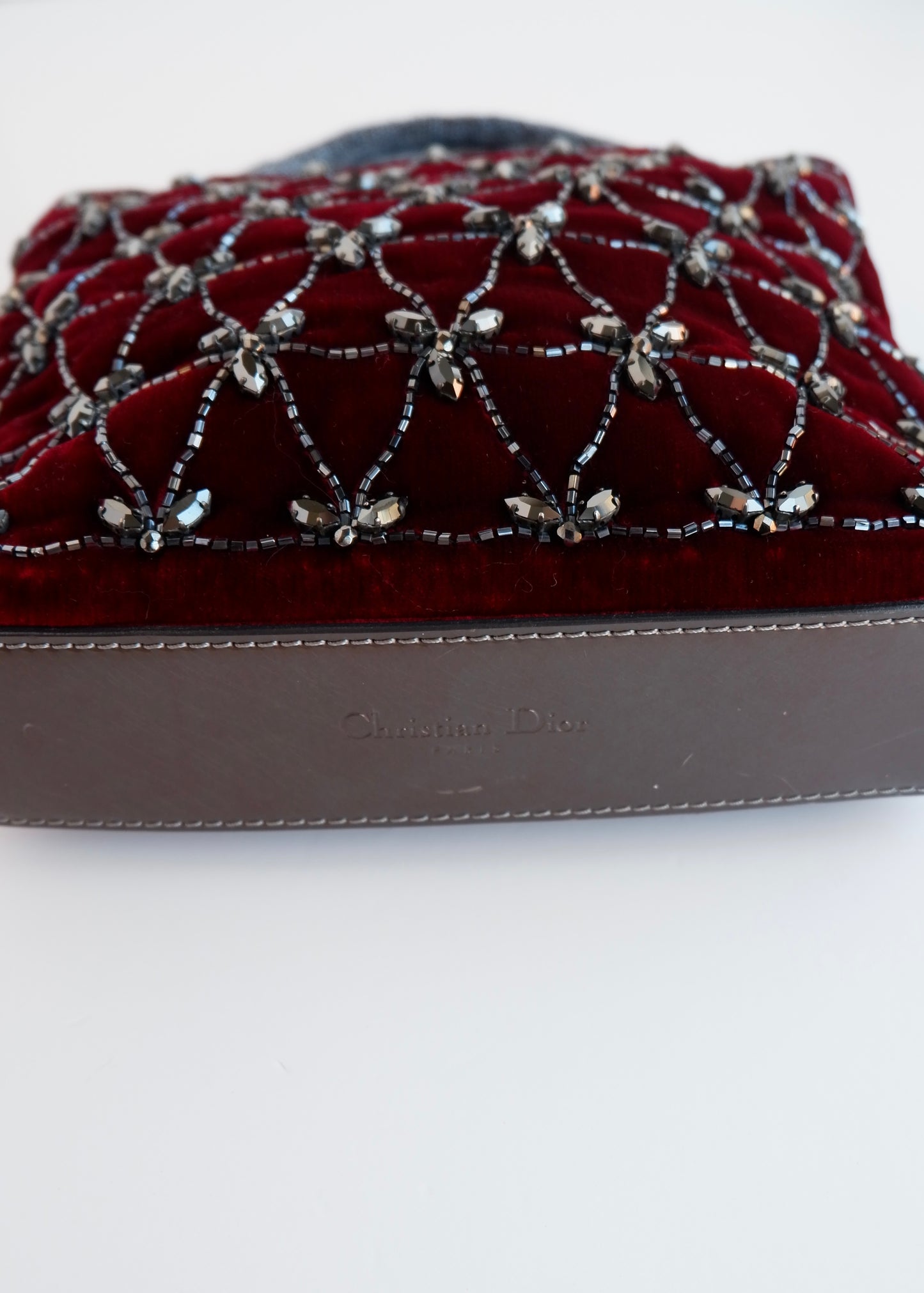Authentic Preowned Vintage Christian Dior Burdgundy Velvet Embellished Sparkly Top Handle Bag