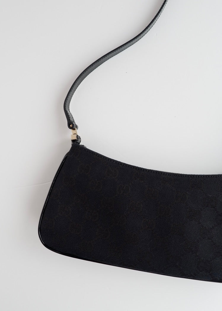 Authentic Preowned Gucci Black GG Canvas Patent Leather Shoulder Bag