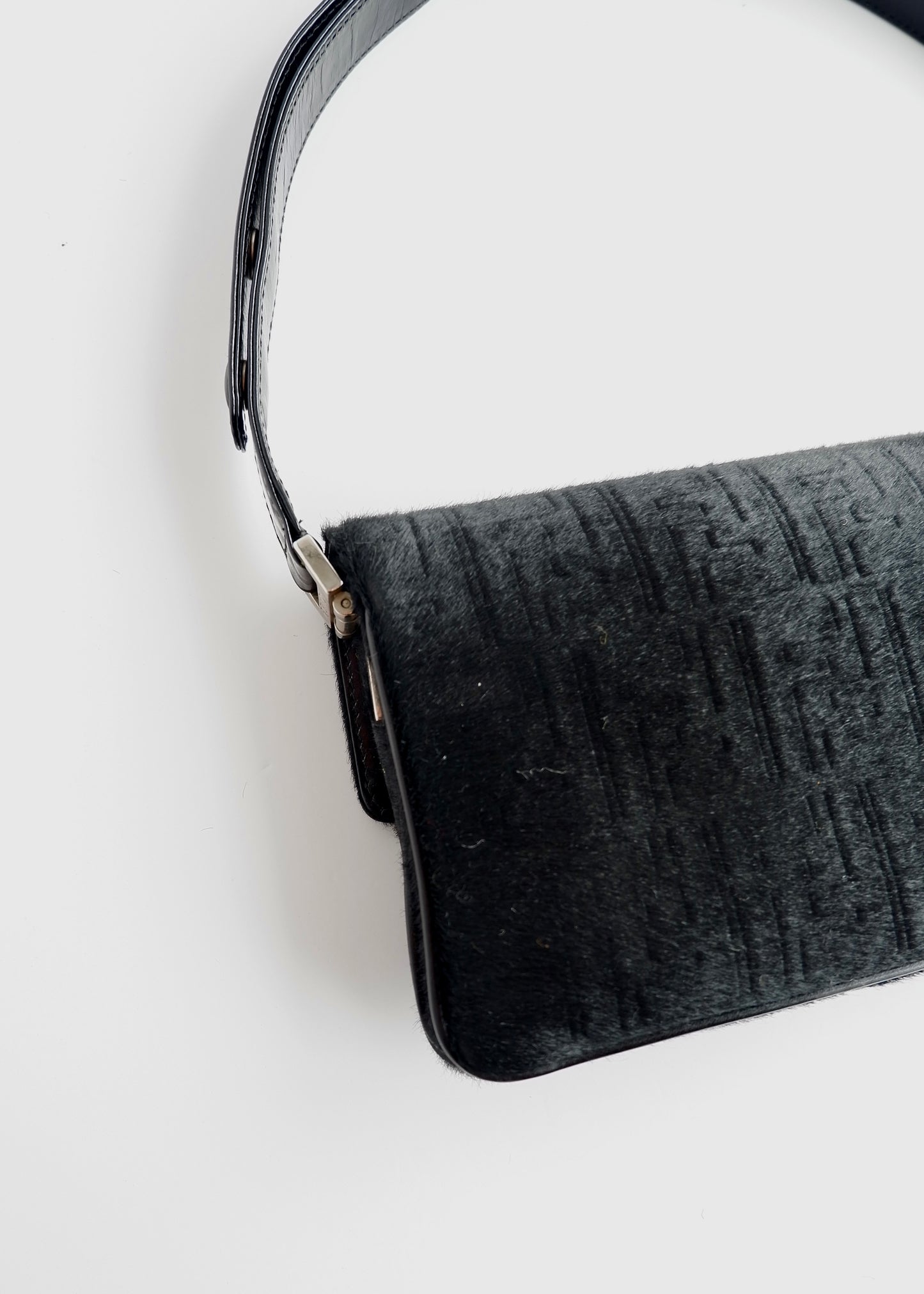 Authentic Preowned Rare Vintage Fendi Black Zucca Pony Hair/ Crystal Logo Shoulder Bag