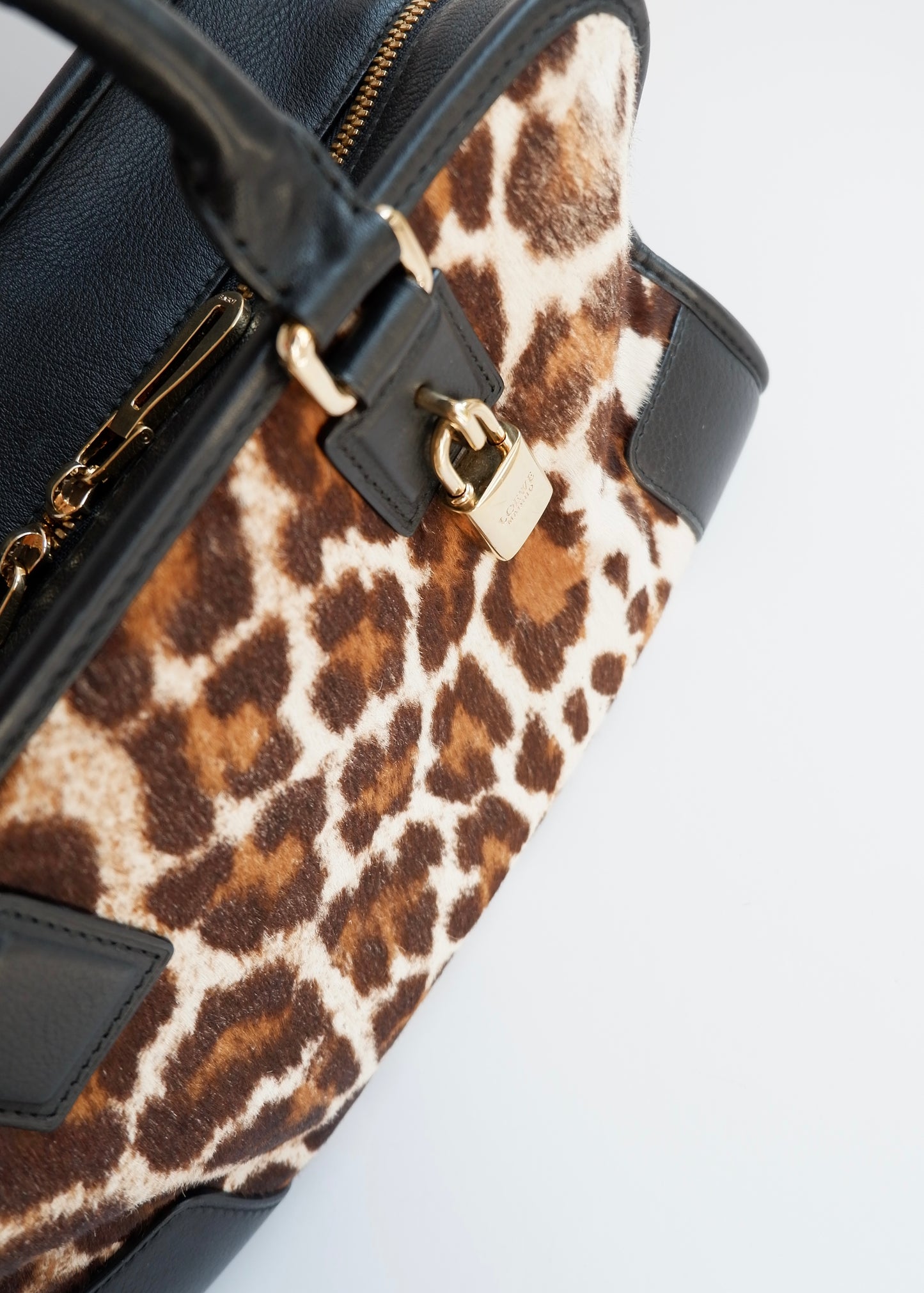 Authentic Preowned Loewe Black/Animal Print Pony Hair Amazona Bag