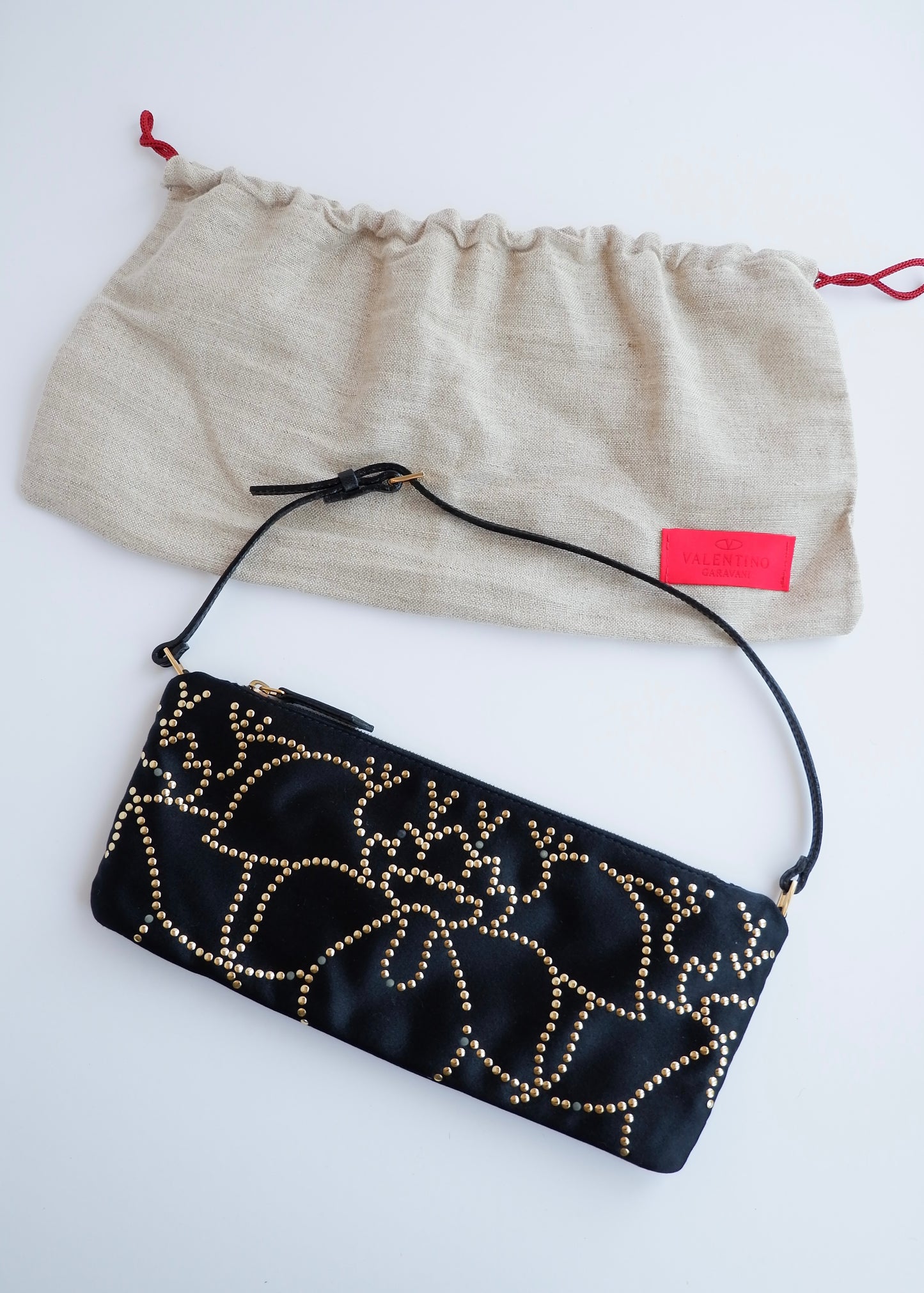 Authentic Preowned Valentino Black Satin Gold Studded Shoulder Bag