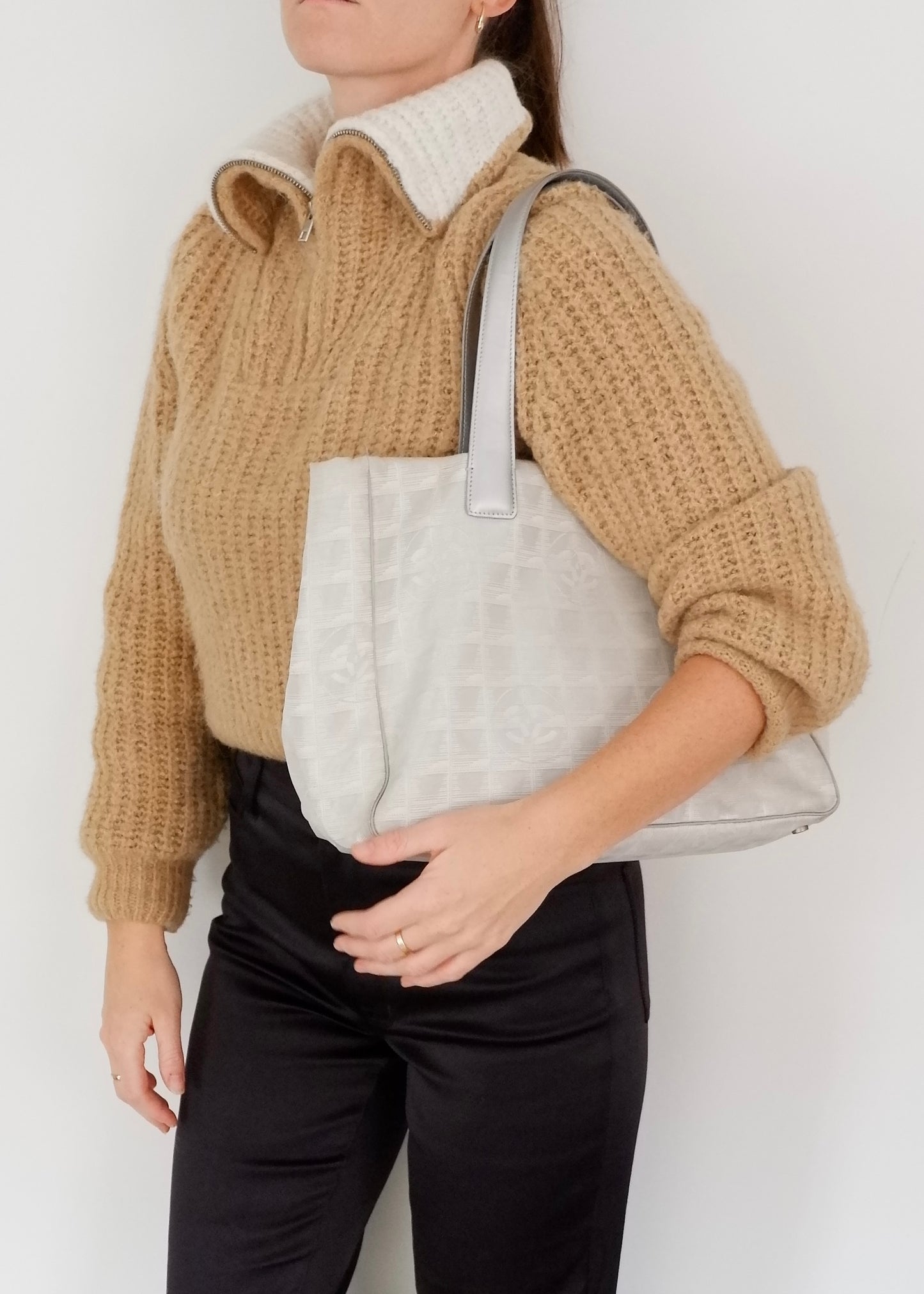 Authentic Preowned Chanel Silver Canvas New Travel Line Tote Bag