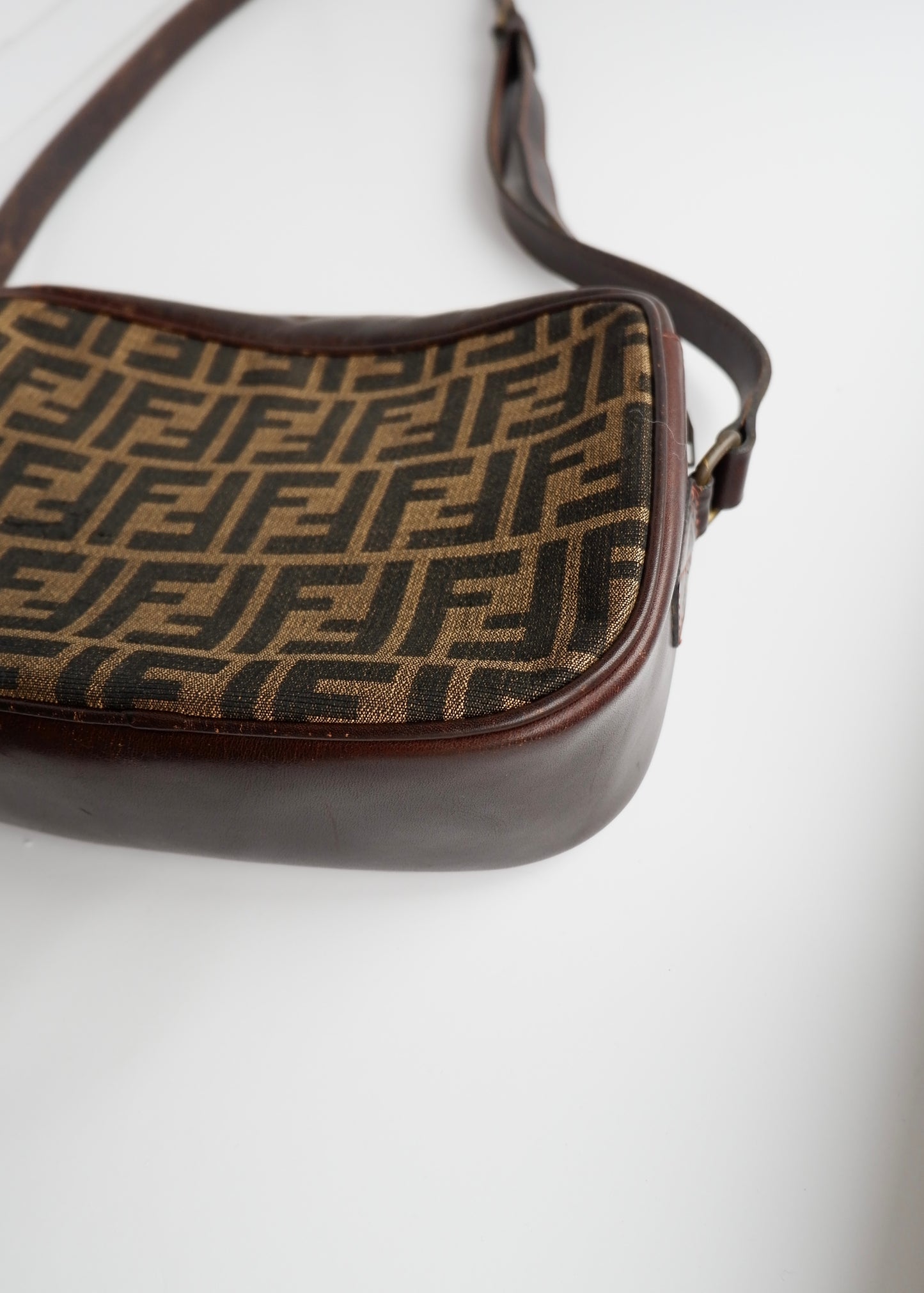 Authentic Preowned Vintage Fendi Brown Zucca Leather/ Canvas Crossbody Bag