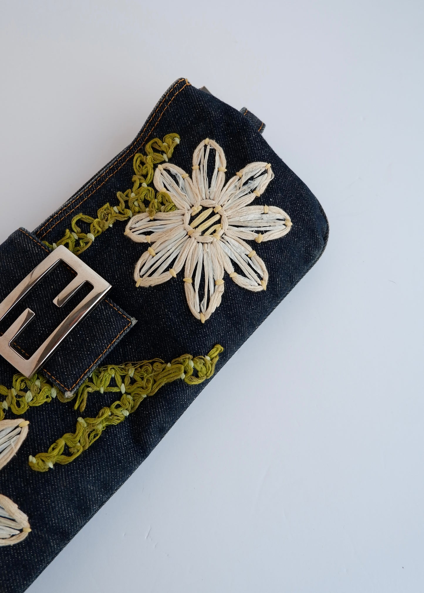 Authentic Preowned Fendi Mamma Denim Flower Emroidered Shoulder Bag