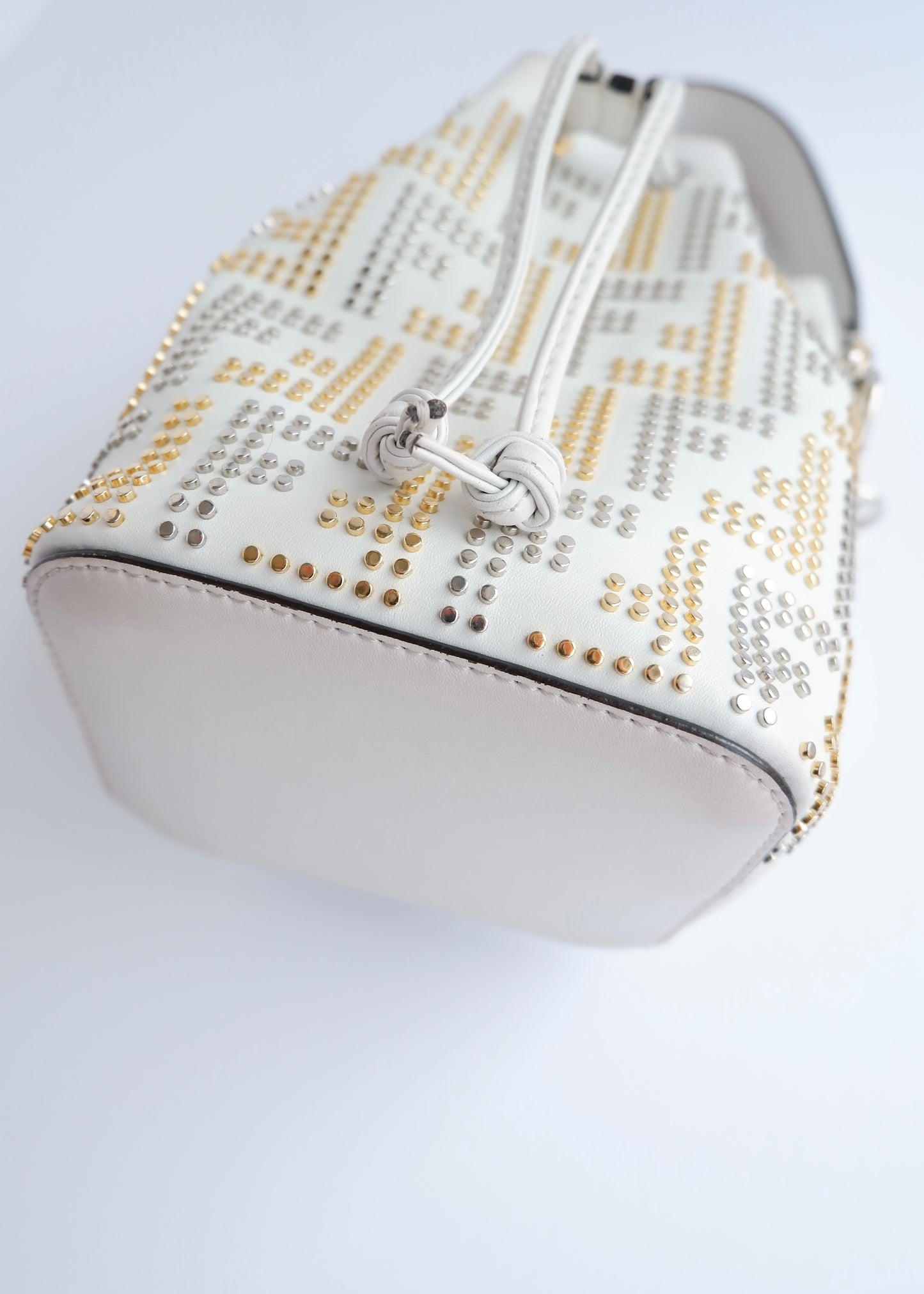 Authentic Preowned Fendi White Leather Zucca Studded Drawstring Bucket Bag