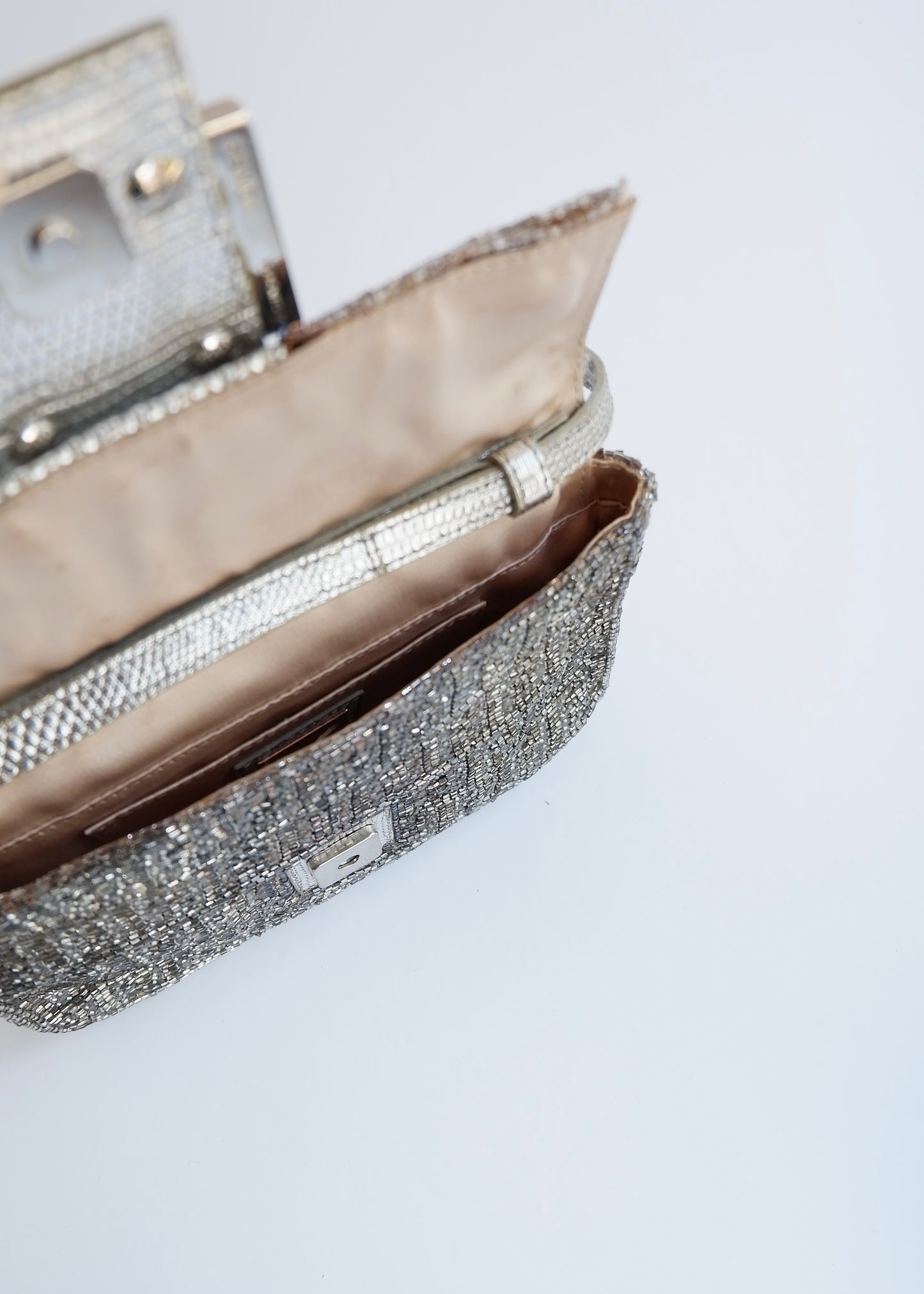 Authentic Preowned Vintage Fendi Silver FF Zucchino Beaded Small Baguette Shoulder Bag
