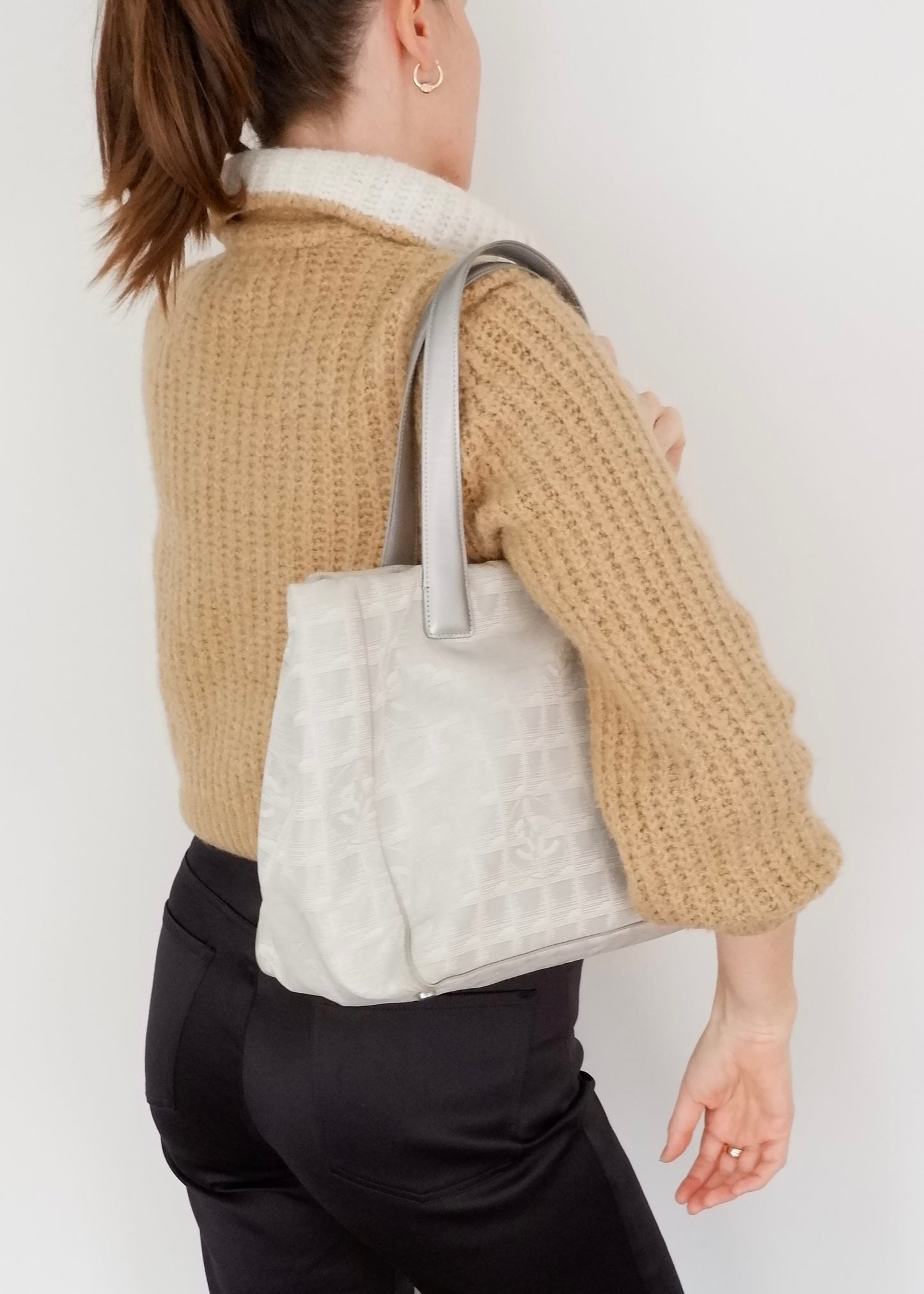 Authentic Preowned Chanel Silver Canvas New Travel Line Tote Bag