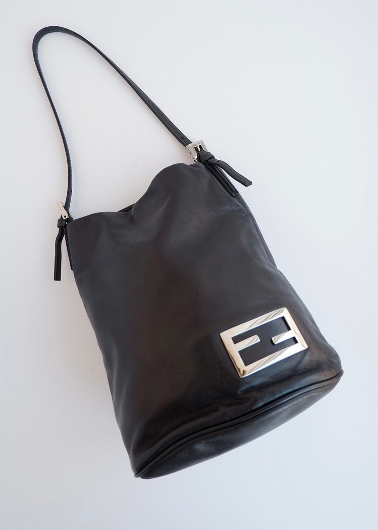 Authentic Preowned Fendi Black Leather FF Logo Bucket Shoulder Bag