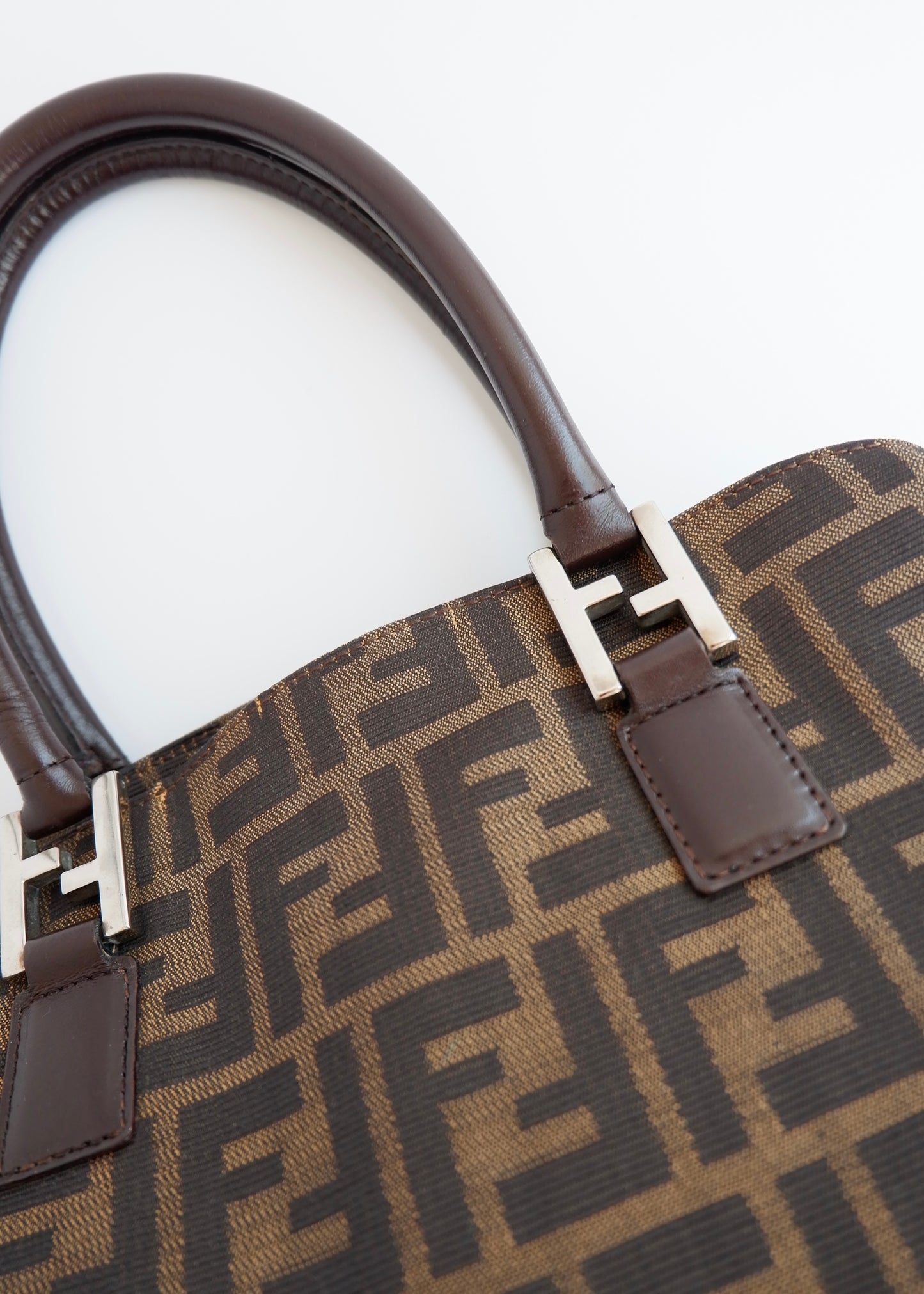 Authentic Preownd Vintage Fendi Brown Canvas Zucca Bowler Shoulder Bag