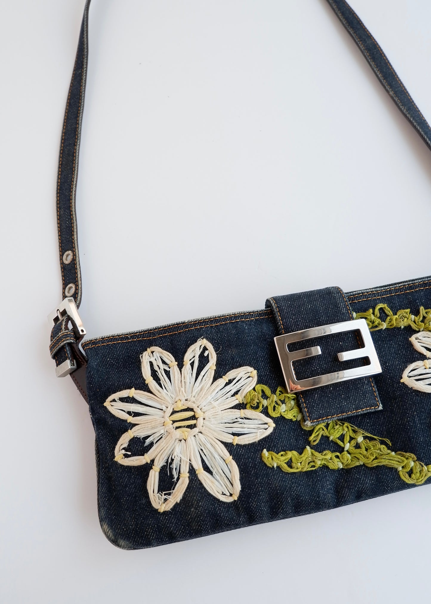 Authentic Preowned Fendi Mamma Denim Flower Emroidered Shoulder Bag