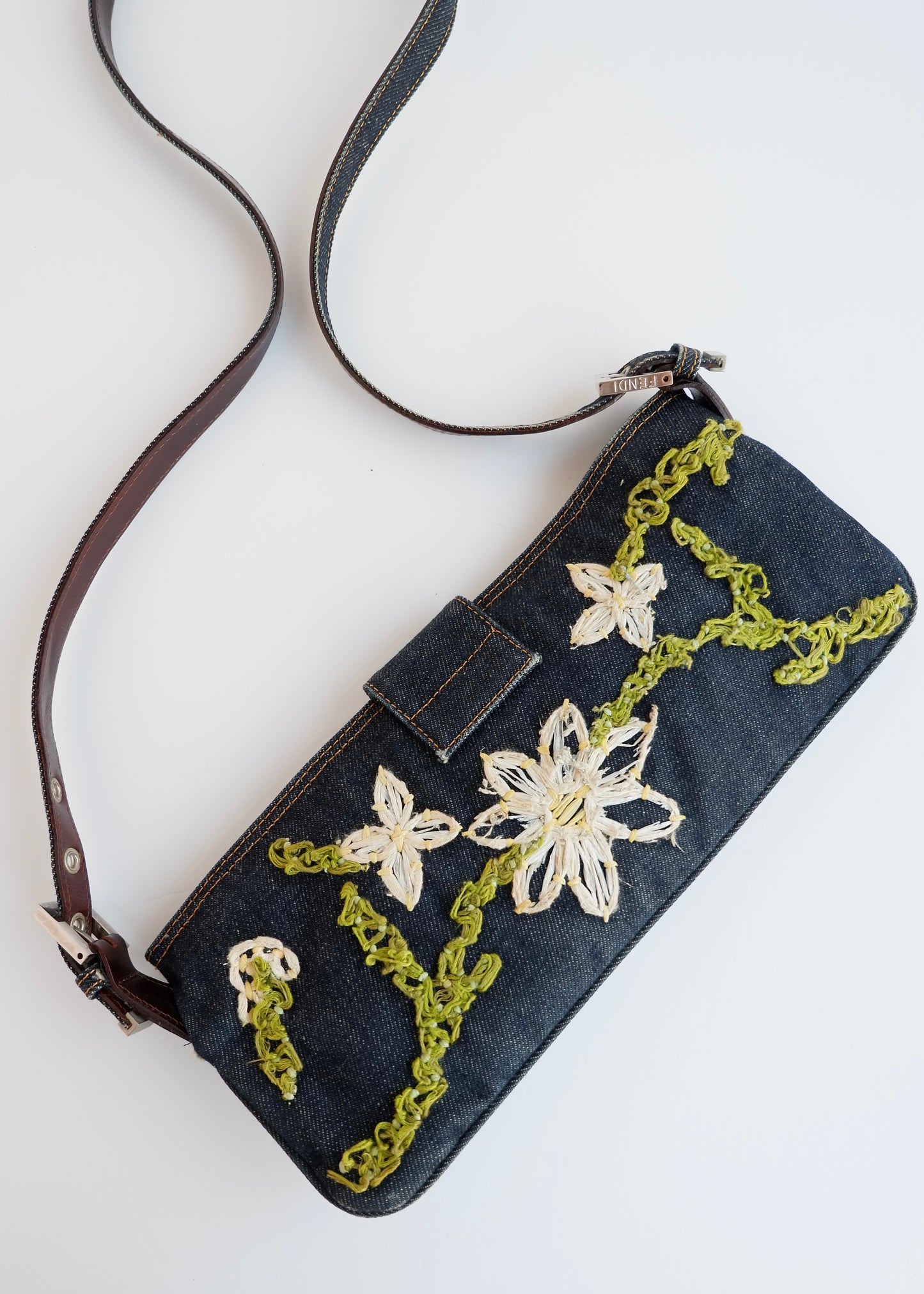Authentic Preowned Fendi Mamma Denim Flower Emroidered Shoulder Bag