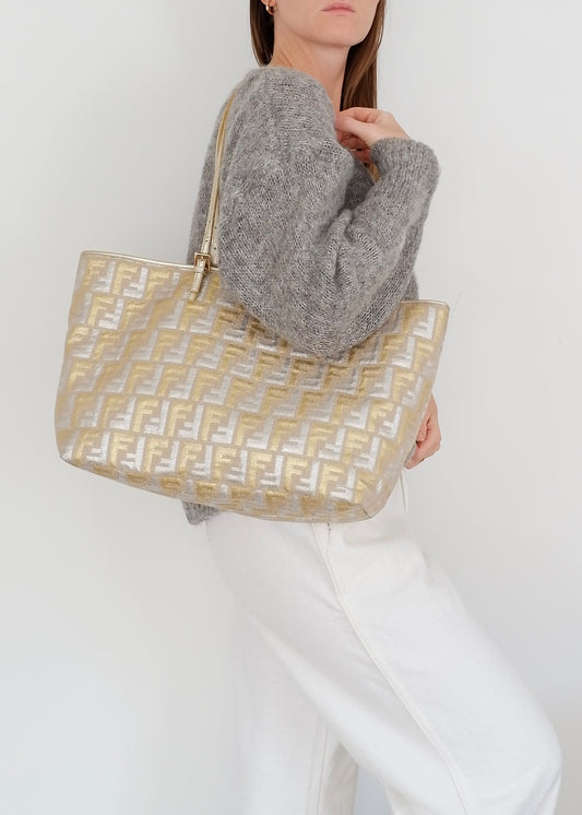 Authentic Preowned Fendi Gold/ Silver Canvas Zucca Tote Bag