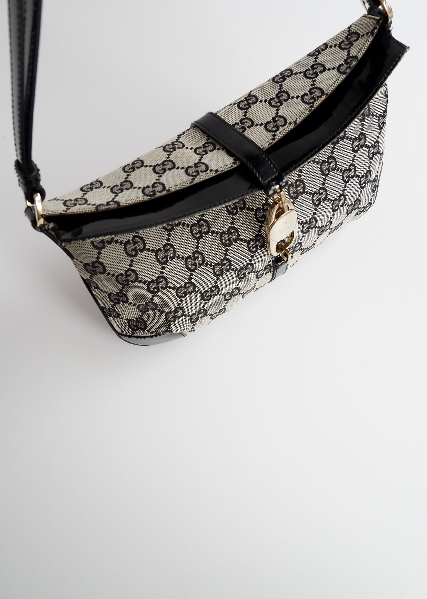 Authentic Preowned Gucci Black GG Canvas/ Patent Leather Shoulder Bag