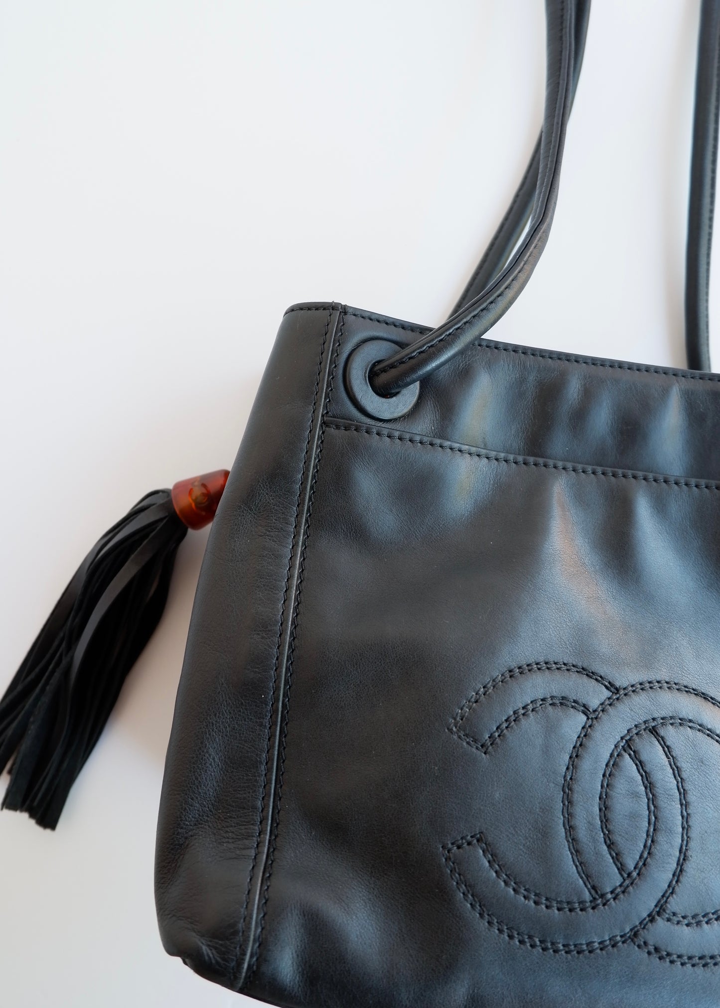Authentic Preowned Vintage Chanel Black Leather CC Logo Tassel Shoulder Bag