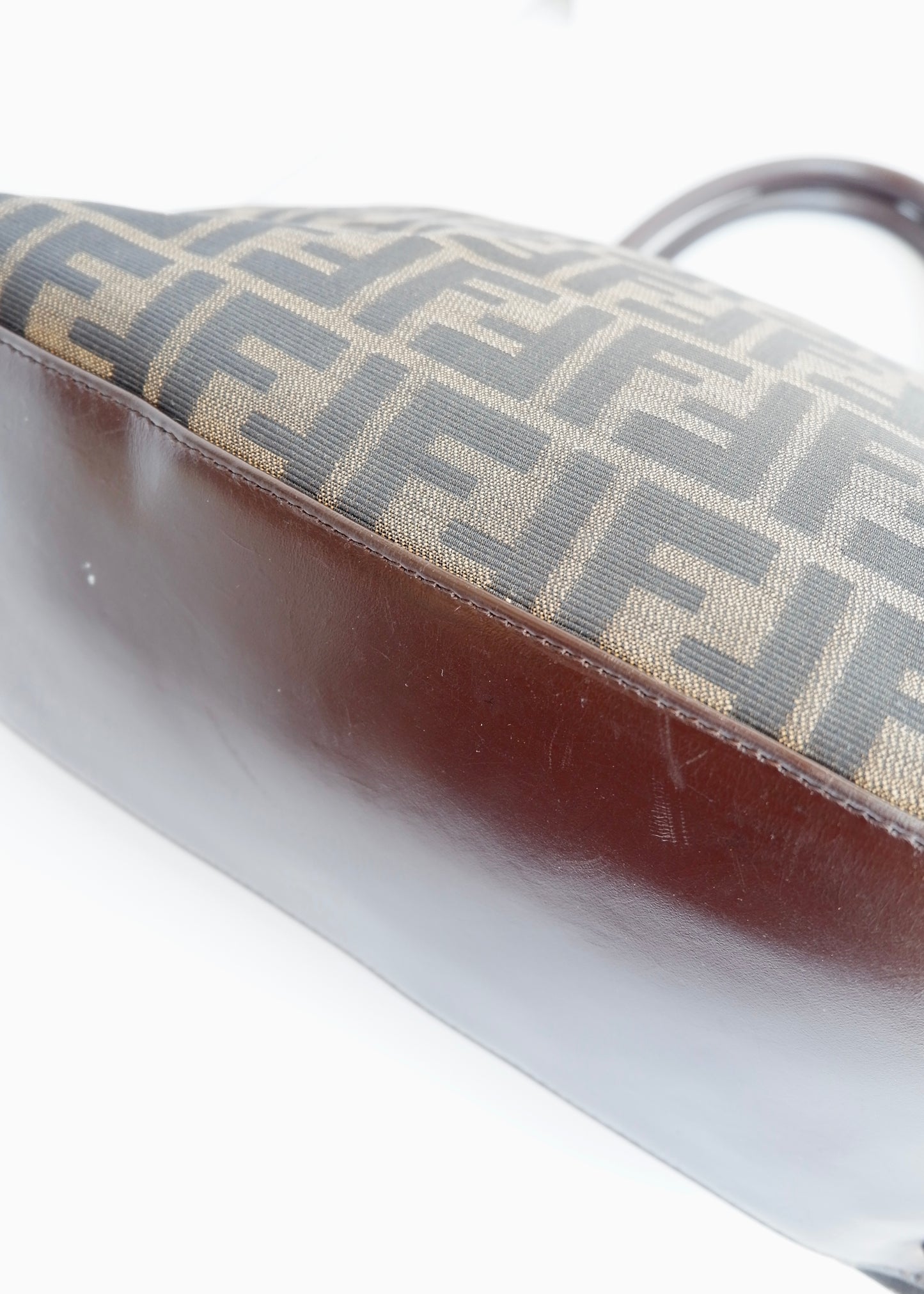 Authentic Preownd Vintage Fendi Brown Canvas Zucca Bowler Shoulder Bag