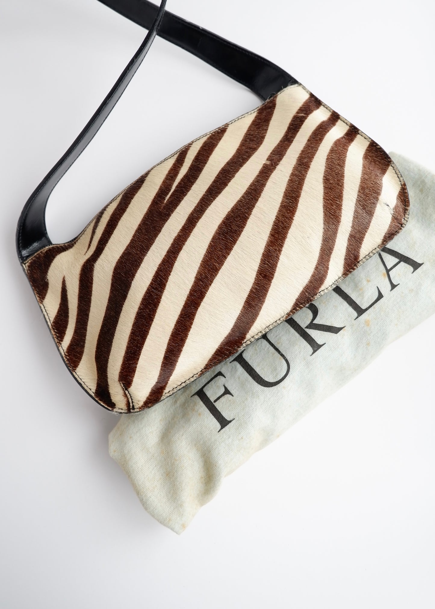 Authentic Preowned Furla Black/Brown/Cream Zebra Print Leather/Pony Hair Bag