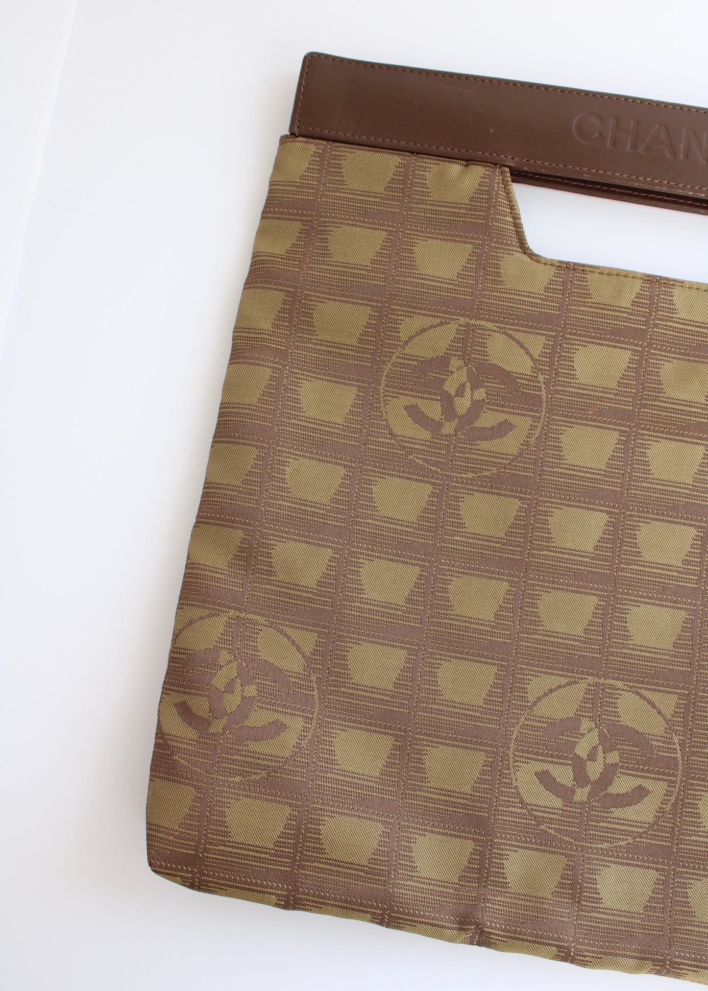 Authentic Preowned Vintage Chanel Khaki Canvas/ Leather Travel Line Clutch