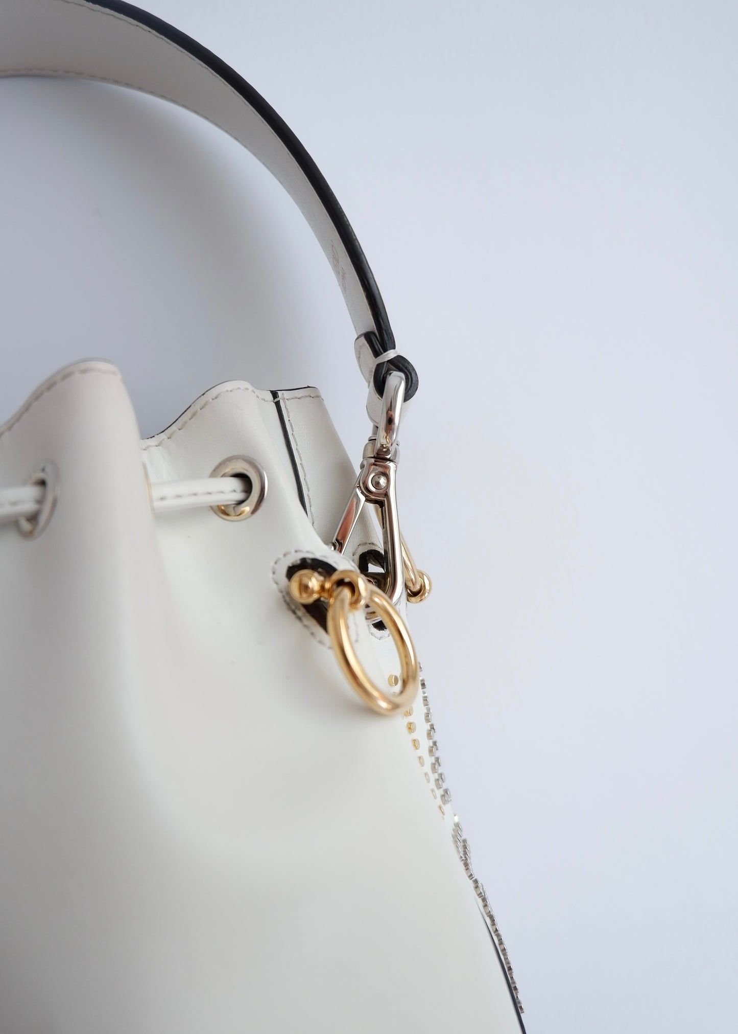 Authentic Preowned Fendi White Leather Zucca Studded Drawstring Bucket Bag