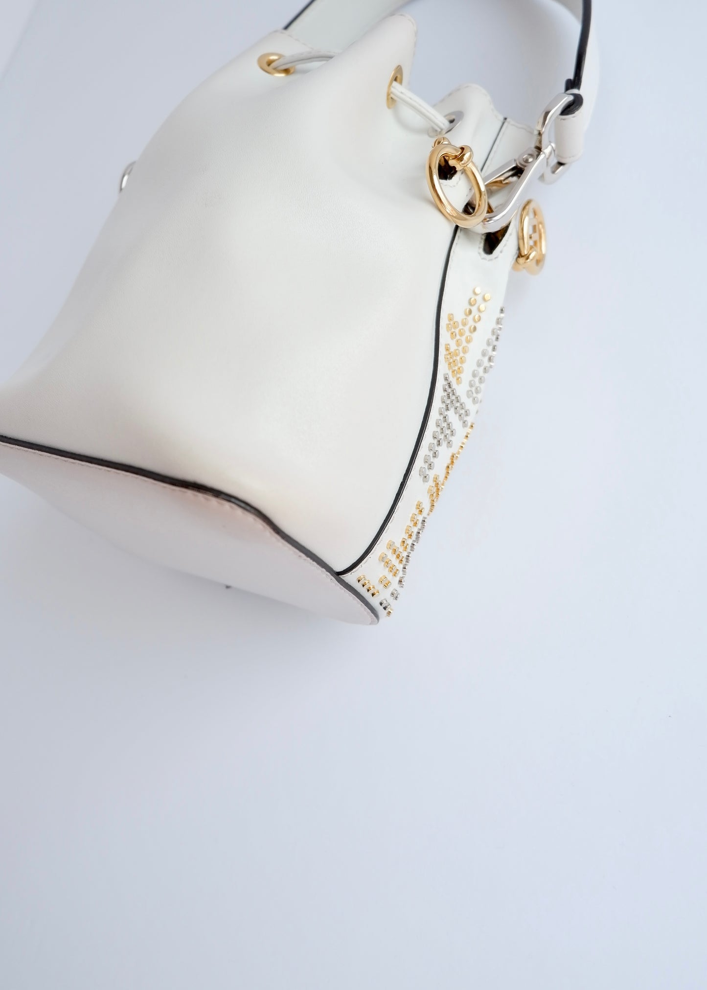 Authentic Preowned Fendi White Leather Zucca Studded Drawstring Bucket Bag