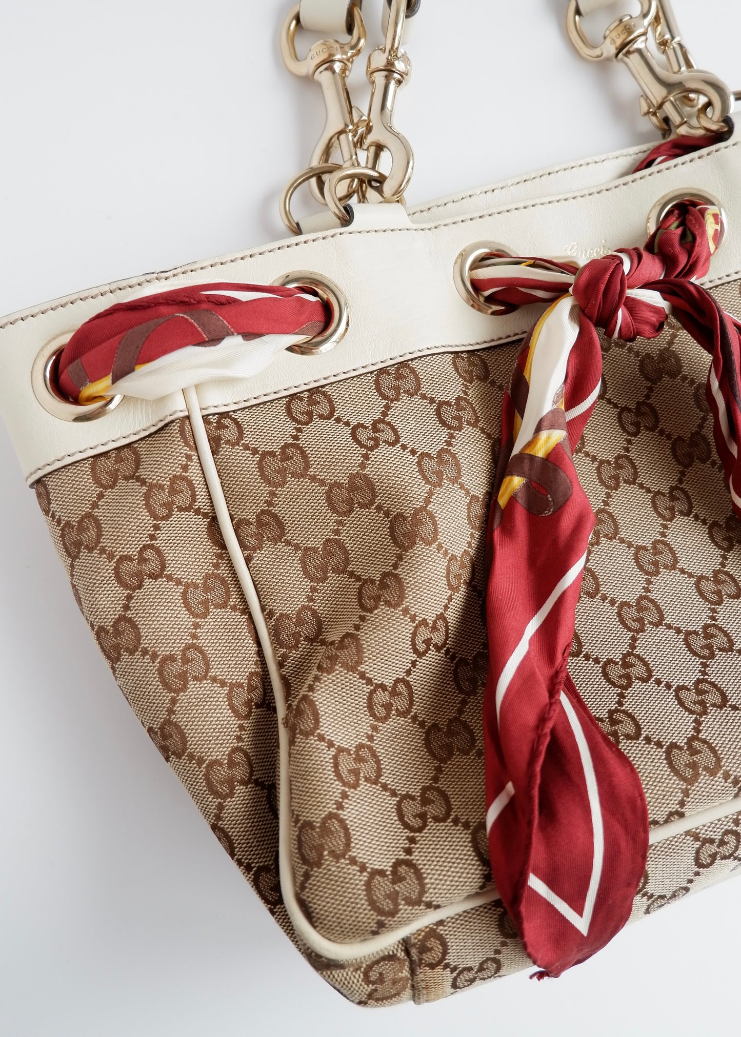 Authentic Preowned Gucci White GG Canvas/ Scarf Detail Handbag