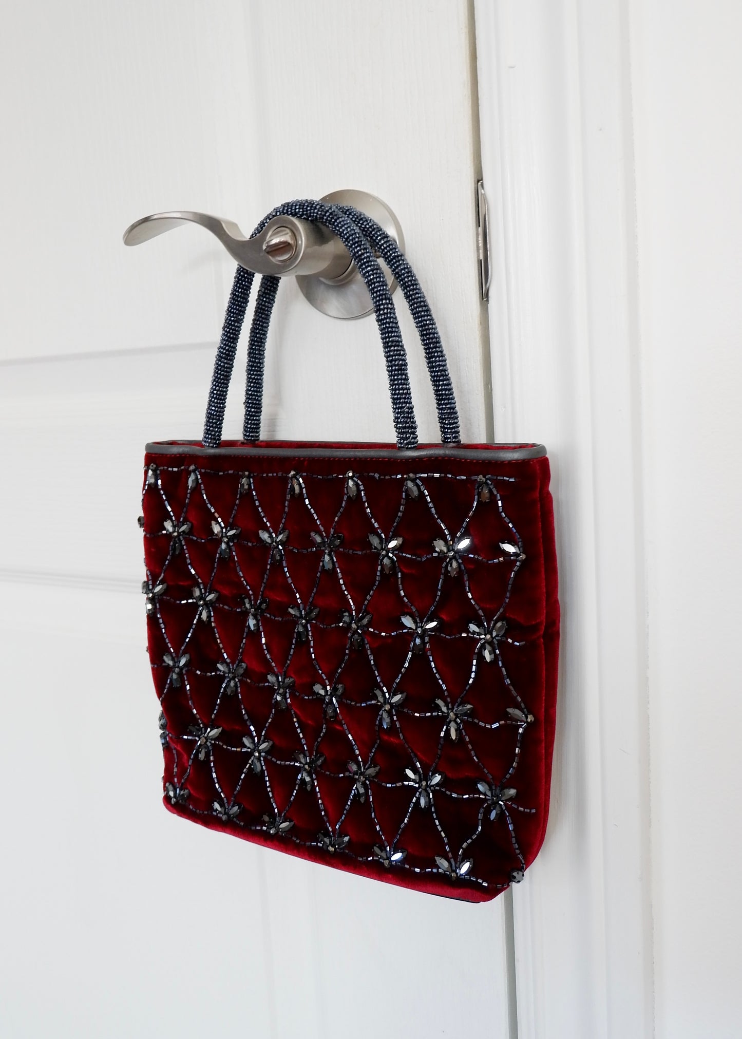 Authentic Preowned Vintage Christian Dior Burdgundy Velvet Embellished Sparkly Top Handle Bag