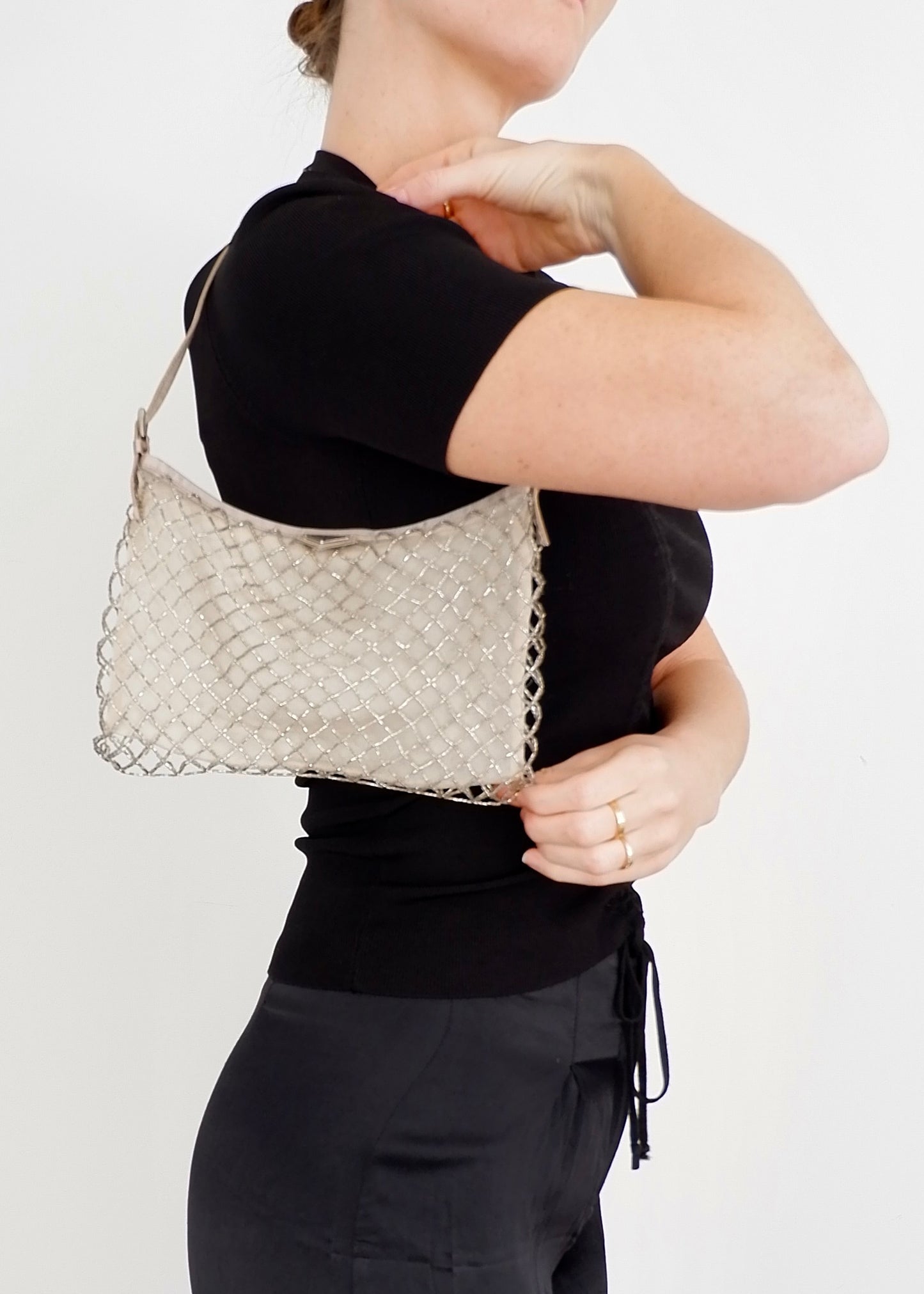 Authentic Preowned Prada Champagne Satin Beaded Shoulder Bag