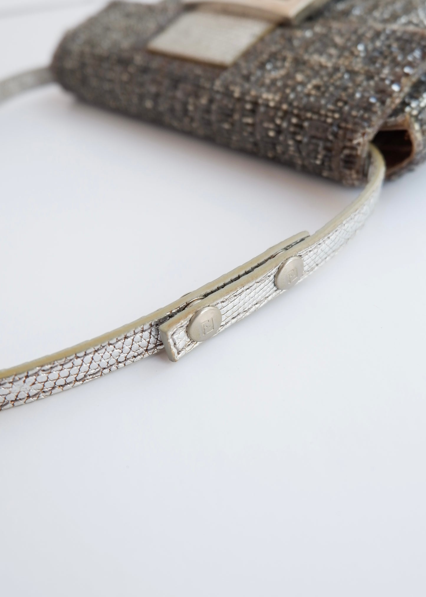 Authentic Preowned Vintage Fendi Silver FF Zucchino Beaded Small Baguette Shoulder Bag